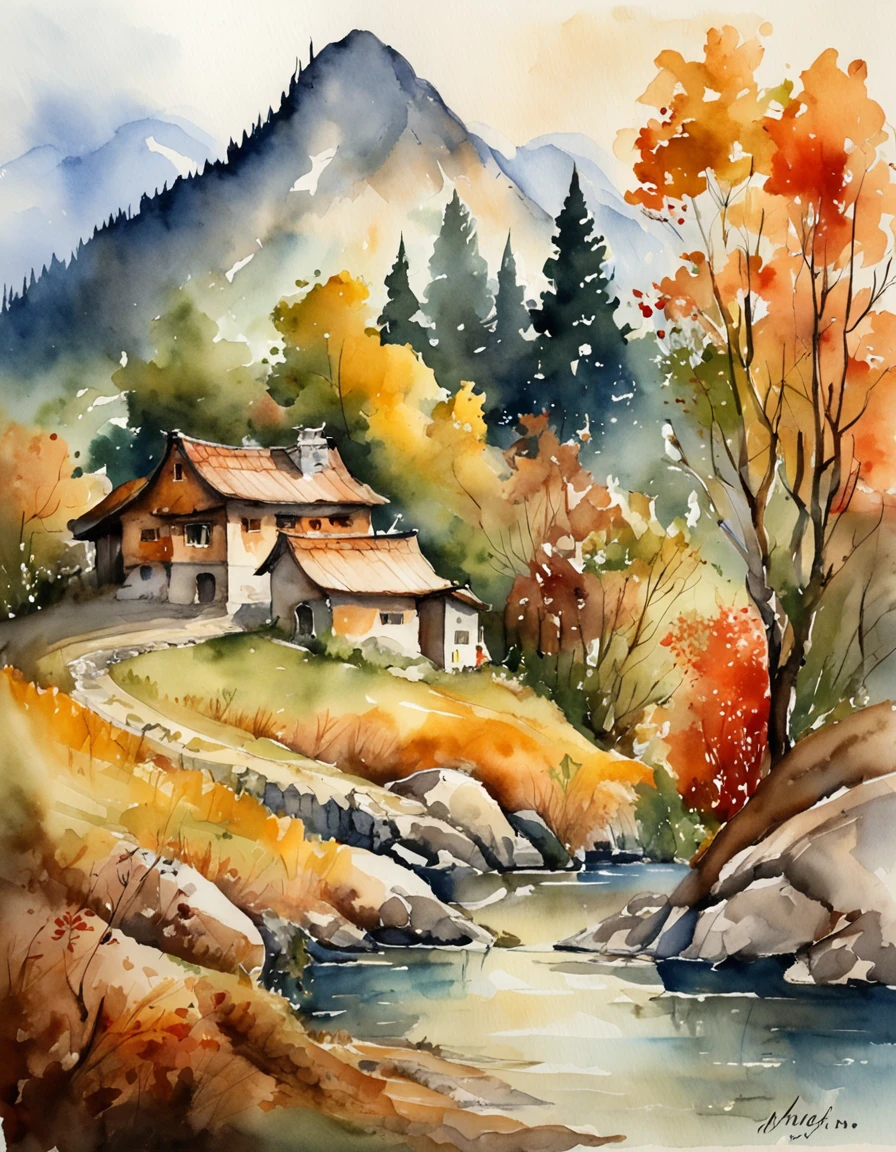 Bizarre steep peaks，autumnal，There is a creek at the bottom of the mountain，There are reflections in the stream,Village cottage,And cooking smoke rises，The pine tree has a peculiar shape，Sway with the wind,Impresionismo，Color palette style，iso-distance view,watercolor paiting,Surreal Photo,dream magical,pixel-perfect,hyper HD,in a panoramic view,8K分辨率,ultra-wide-angle,Faraway view,chinese paintings,Realistis,Expressionism