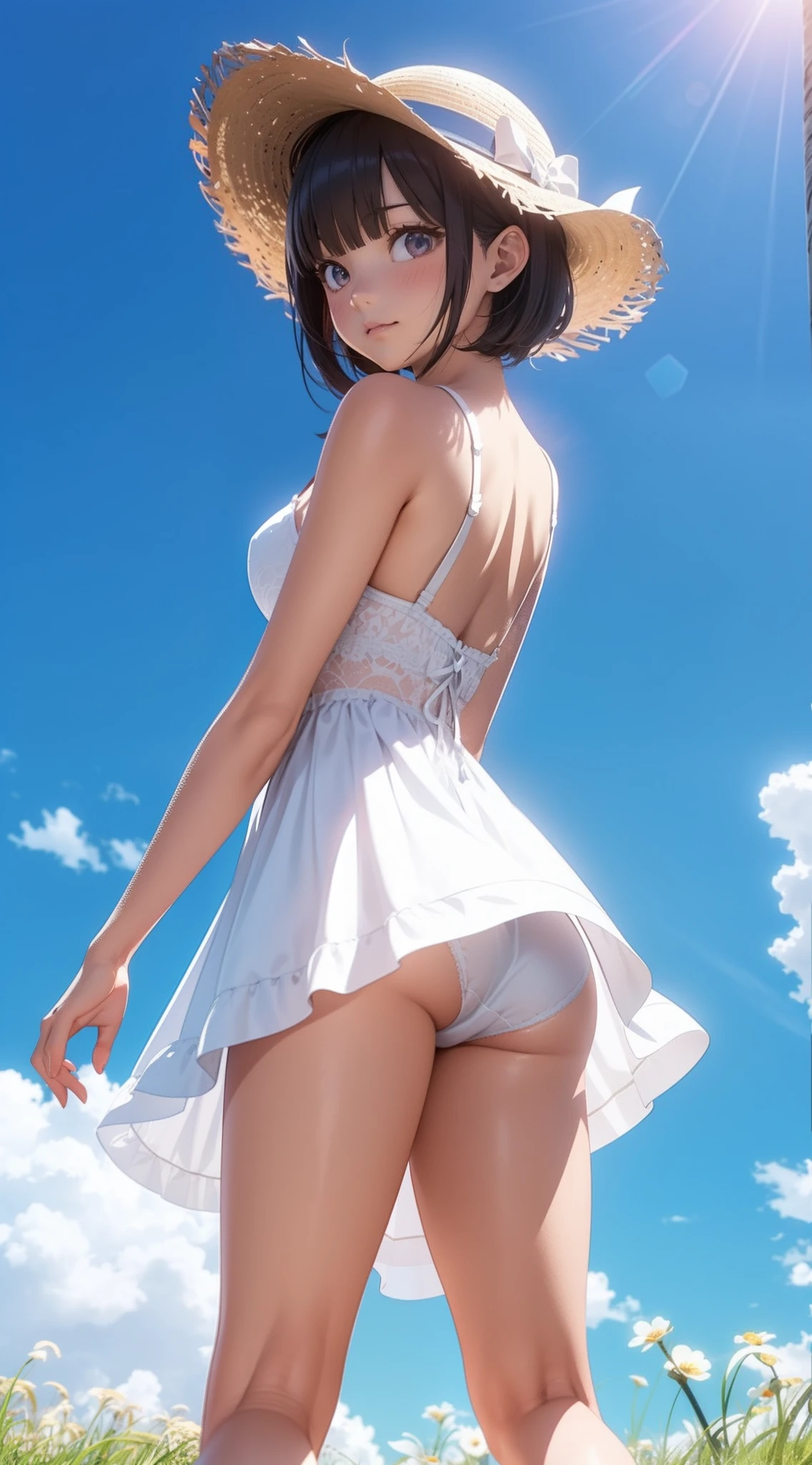 1人の女性、((3d anime))、kawaii、18year old、Lustrous hair、Bob Hair、Random Poses、Refreshing grasslands、Bright sun、Bright sunshine、Wearing a white dress、Wearing a straw hat、White heels、petite back、Instagrammable、Sexy thighs、Naughty pink underwear、nudde、Windy、gust of wind