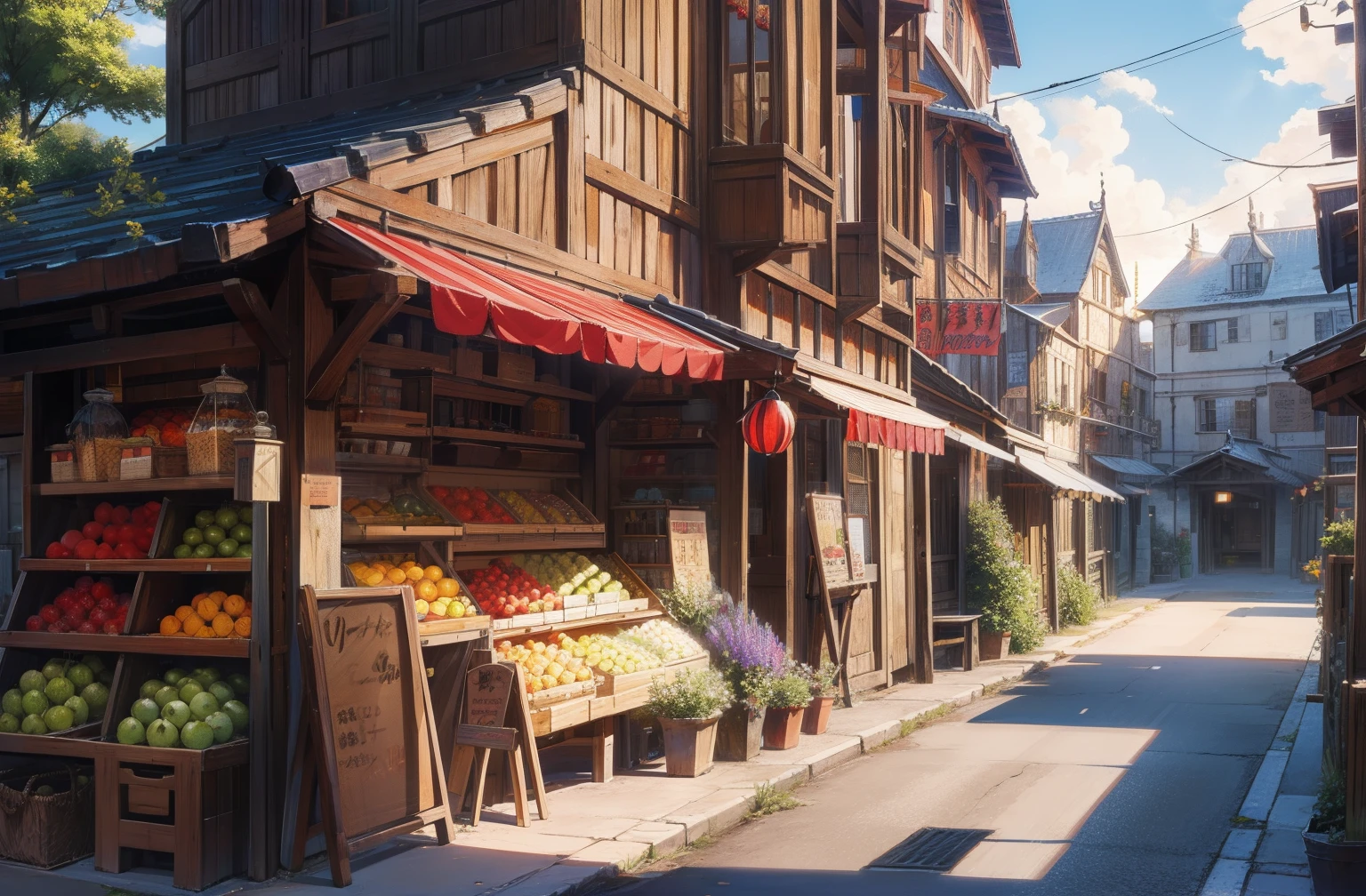 fruit shop,style of anime,Morning,rays of sunshine,medieval times