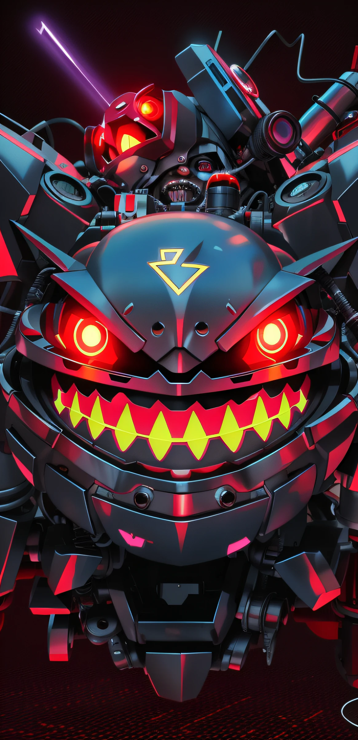 A close-up of a robot with red eyes and a big smile, gengar, evil smile and glowing eyes, cyberpunk pikachu, anime mecha aesthetic, grinning sinisterly, metal and glowing eyes, Best anime 4k konachan wallpaper, profile picture 1024px, depraved cybernetic demon, mad grin, wide evil grin,The picture moves down,Metallic