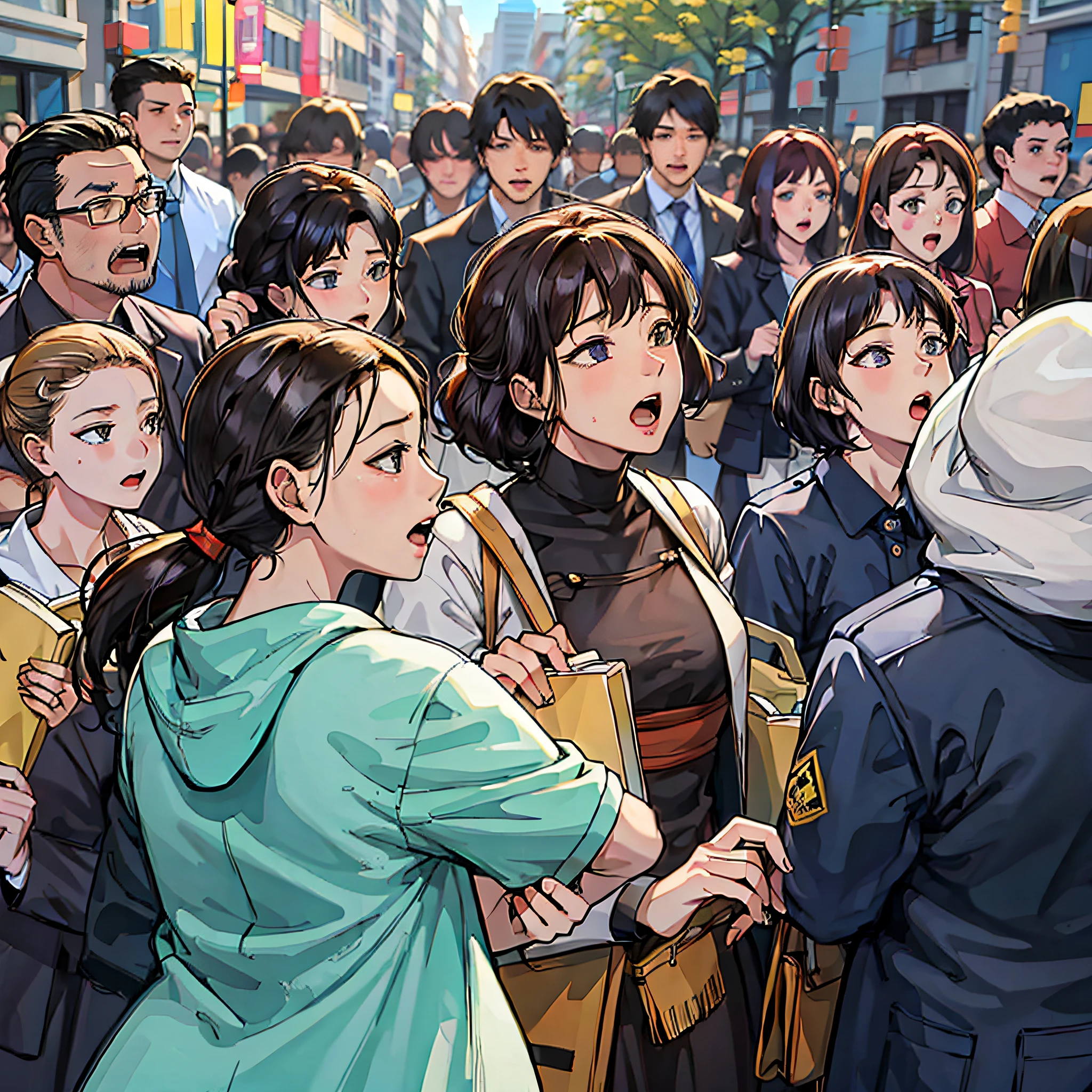 Many people on the street watched with surprised expressions