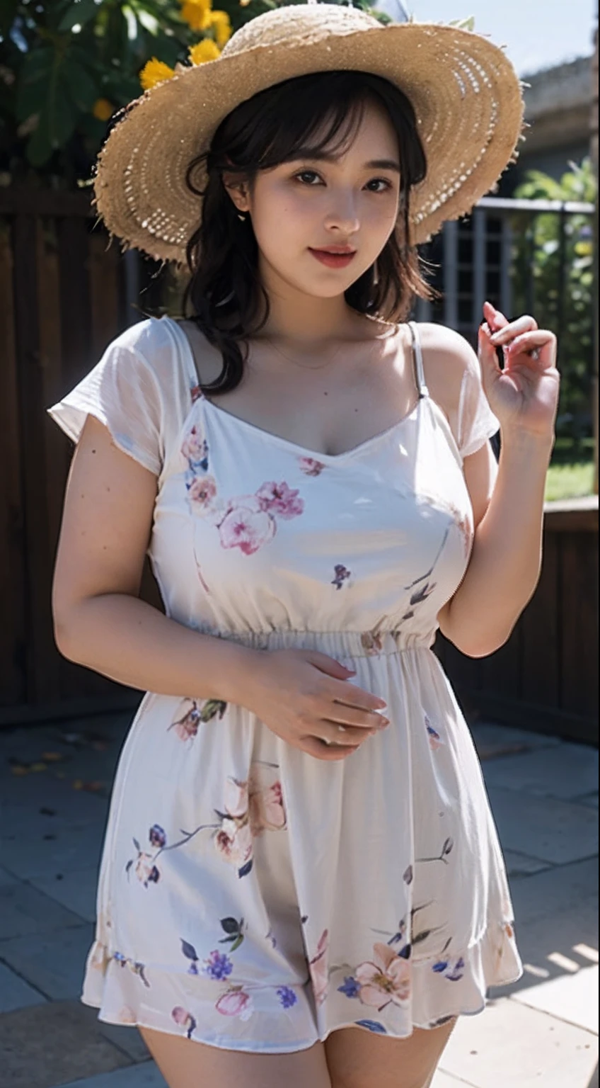 femele, Sexy, taken with canon 5d mk4, ((chubby)), Pose Seductive, (((Plus Size))), (((Mom Size))), hi-school girl, a miniskirt, 18year old, bending forward, Skirt turbulence, NSFW , hands on crotch, sexual excitement、(Floral_Summer_Dress:1.5)、(Straw_hat:1.3))、Ambient Occlusion、Natural and harmonious composition、Warm tones