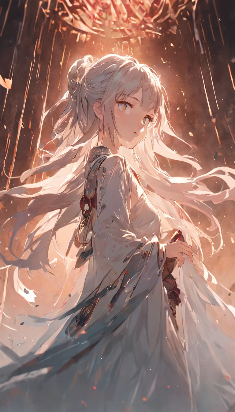 Best quality,tmasterpiece,A high resolution,CG, 1girll,Chinese actress Xiao Wan,arma,The sword,long whitr hair,shift dresses,Eau,(Temptation 1.5),独奏,jewely,white dresses,耳Nipple Ring,hair adornments,spatter,The upper part of the body,hair-bun,brunette color hair, illuminating,Frankness,photore,A high resolution,8K,Bokeh,(Depth of field 0.5),high detal