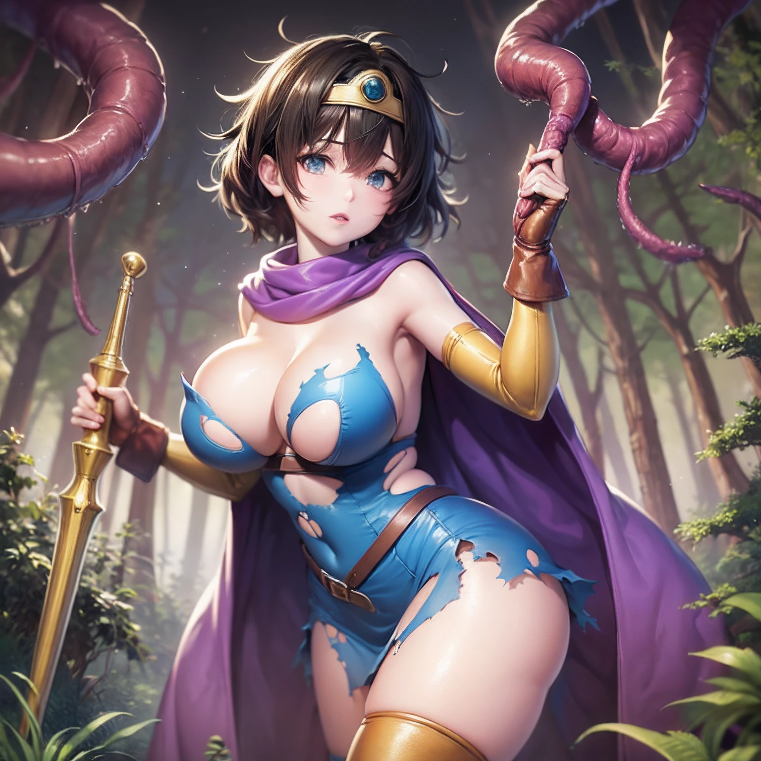 (masterpiece:1.1, Best Quality:1.1, 16K HDR:1.1, High resolution:1.1), (sheathed weapon on back:1.2), roto (DQ3), 1girl in, Solo, Short hair, Brown hair, Blue eyes, circlet, Large breasts, gigantic cleavage breasts, Strapless, (Torn blue dress:1.5), Purple Cape, thighs thighs thighs thighs, elbow groves, long boots, Belt bag, scabbard,, knee boots, (In an deep forest near lake:1.1, dark atmosphere:1.3), (Hentai tentacles monster attack her:1.3),