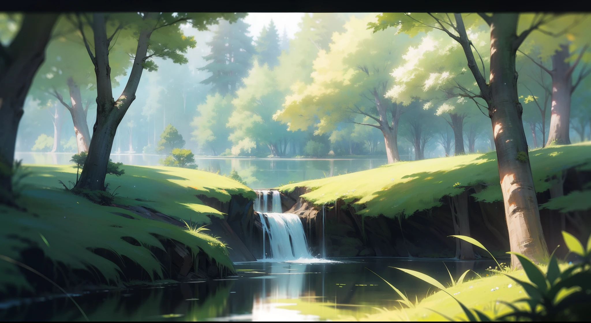 verdant green, the woods, lake, small stream, large tree branches、Perspective、Perspective、Majestic panorama、HD Detail、Hyper-detailing、movie、Deep field focus bokeh、Ray traching、