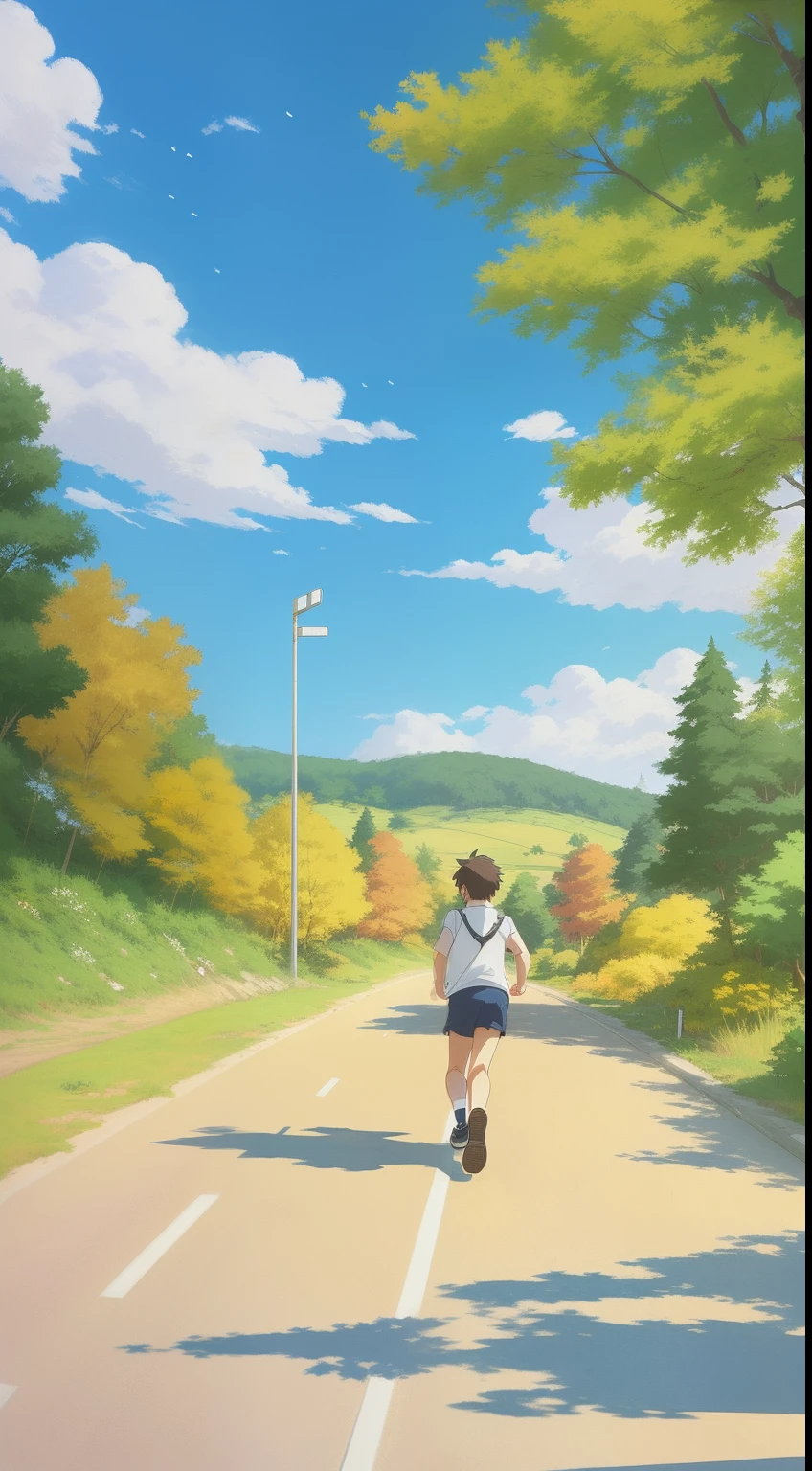 Draw a boy running on the road, Football in his arm,Running towards the basketball court in the distance,Dense woods on both sides of the road,Early autumn scenery,Golden woods and meadows in the distance,Sunnyday,anime countryside landscape, Anime background art, makoto shinkai art style, Makoto Shinkai's wind, anime art style, anime scene,4k