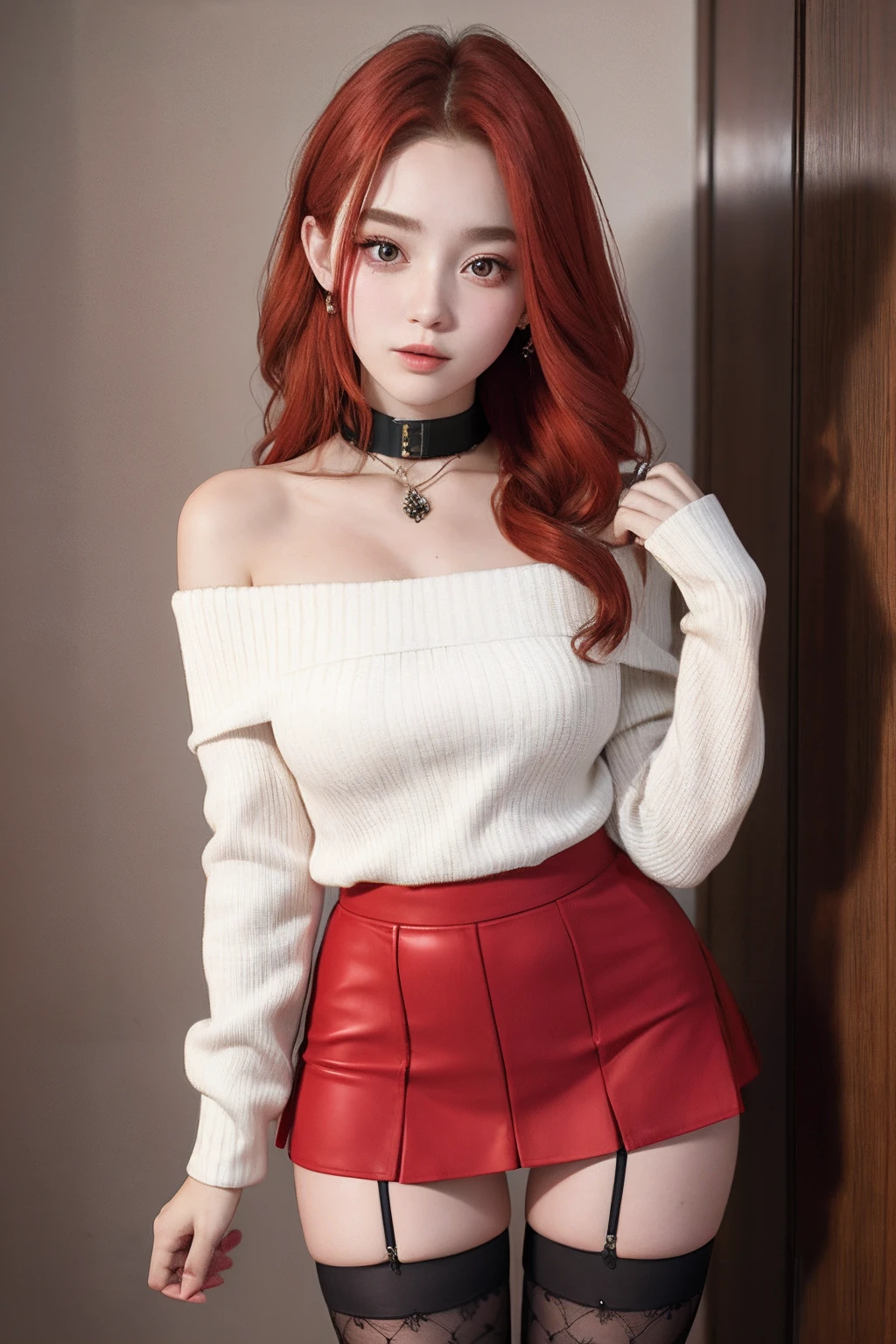 a beautiful yo Skotlandia woman, off shoulder, high waist mini skirt, redhead, thighhighs