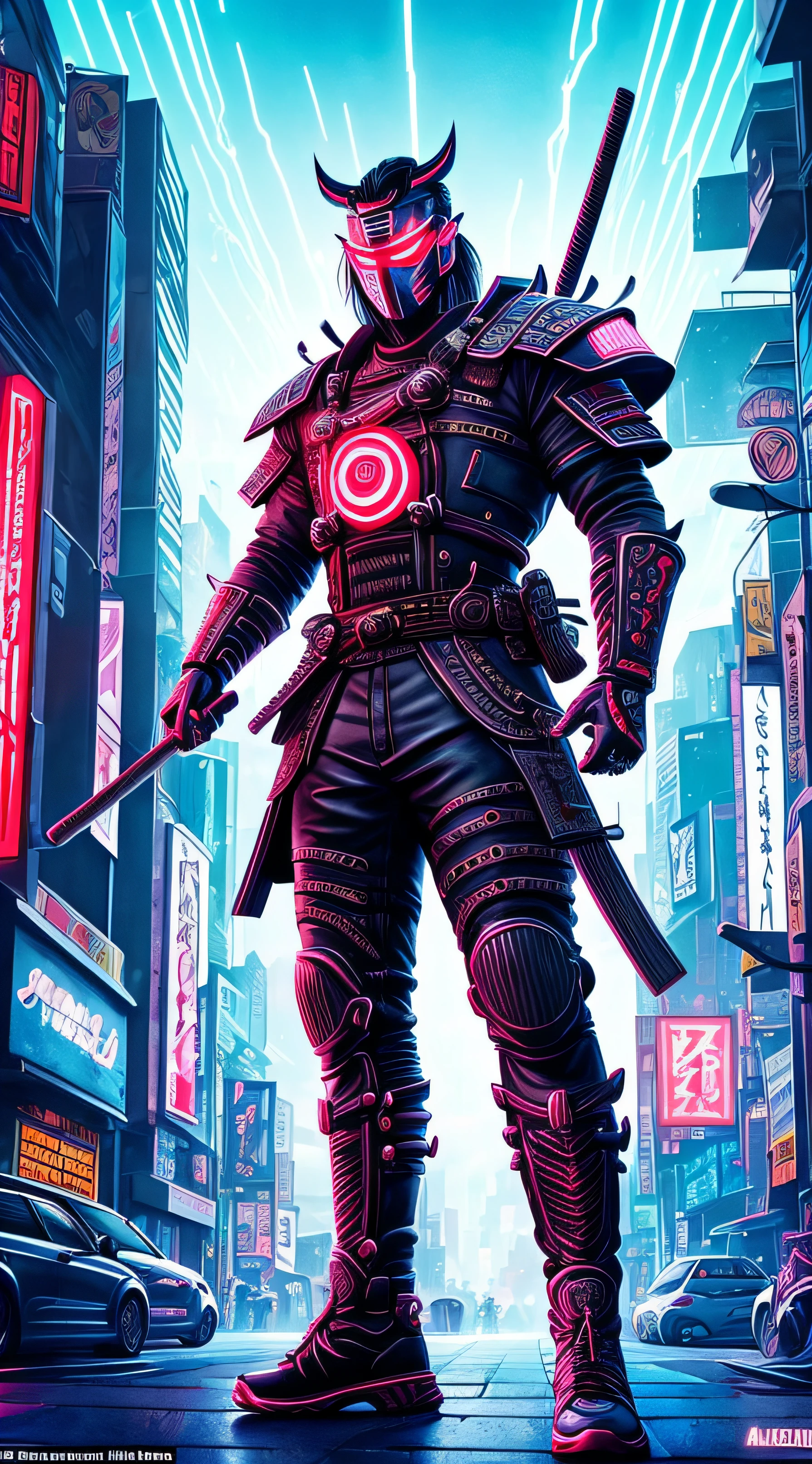 "An intense, high-detail depiction of a cyberpunk samurai wearing an oni mask. The scene is filled with vibrant colors and glowing neon lights, creating a futuristic and dynamic atmosphere. The samurai is dressed in a stylish streetwear outfit, and the overall artwork has a 3D CGI appearance with intricate details. The background showcases a bustling cyberpunk cityscape, with lightning waves adding an electrifying effect." --auto