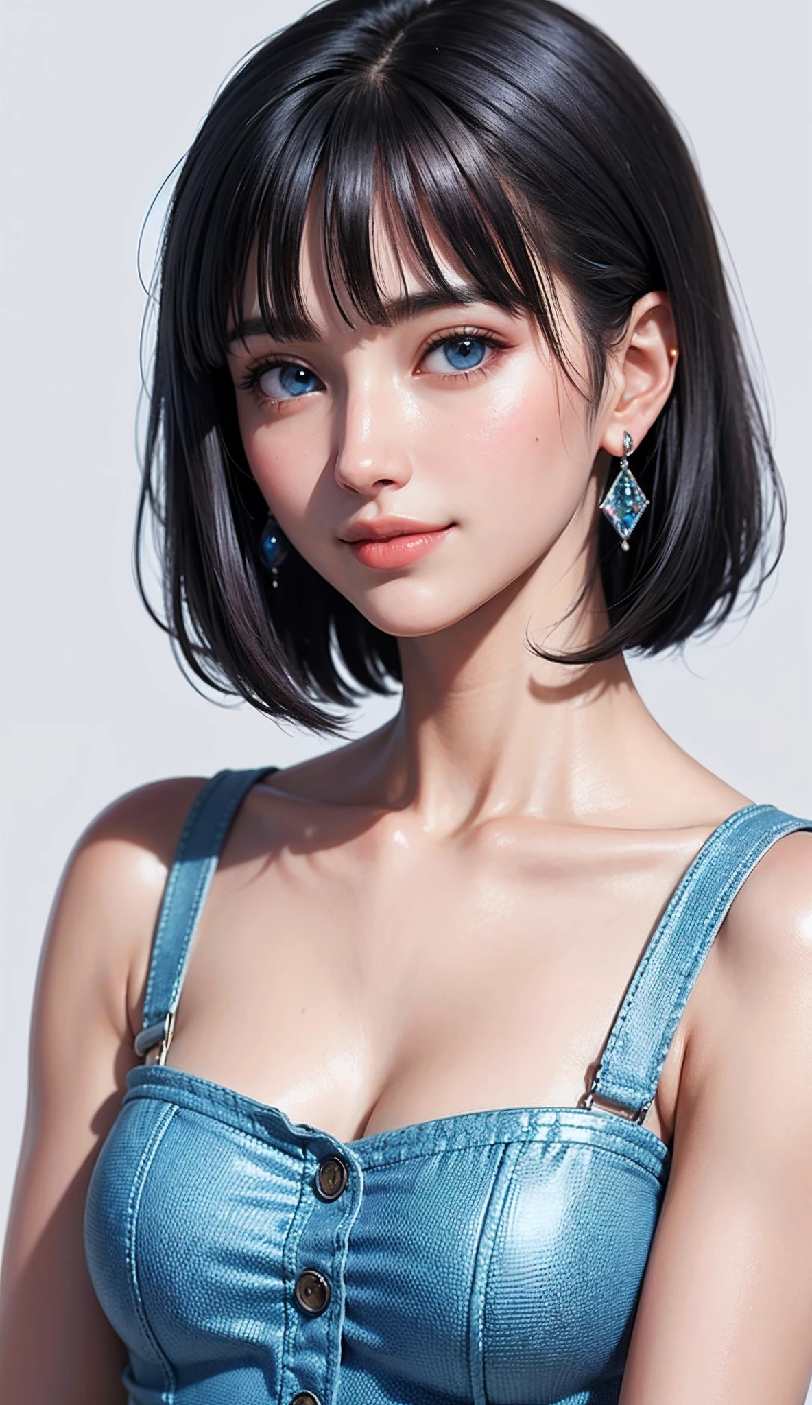 (high-level image quality、high-detail、hightquality、hight resolution、Draw everything in high resolution)、Intense crystal light blue eyes、Small diamond-shaped earrings、Look firmly at the camera、Put your ears out、Beautiful short black hair、Beautiful very short beautiful hair with bangs、beautiful decollete、Beautiful 28 years old、lipgloss、long neck、Happy smile、Beautiful teeth alignment、Beautie、Pretty Woman、Open collar white business shirt