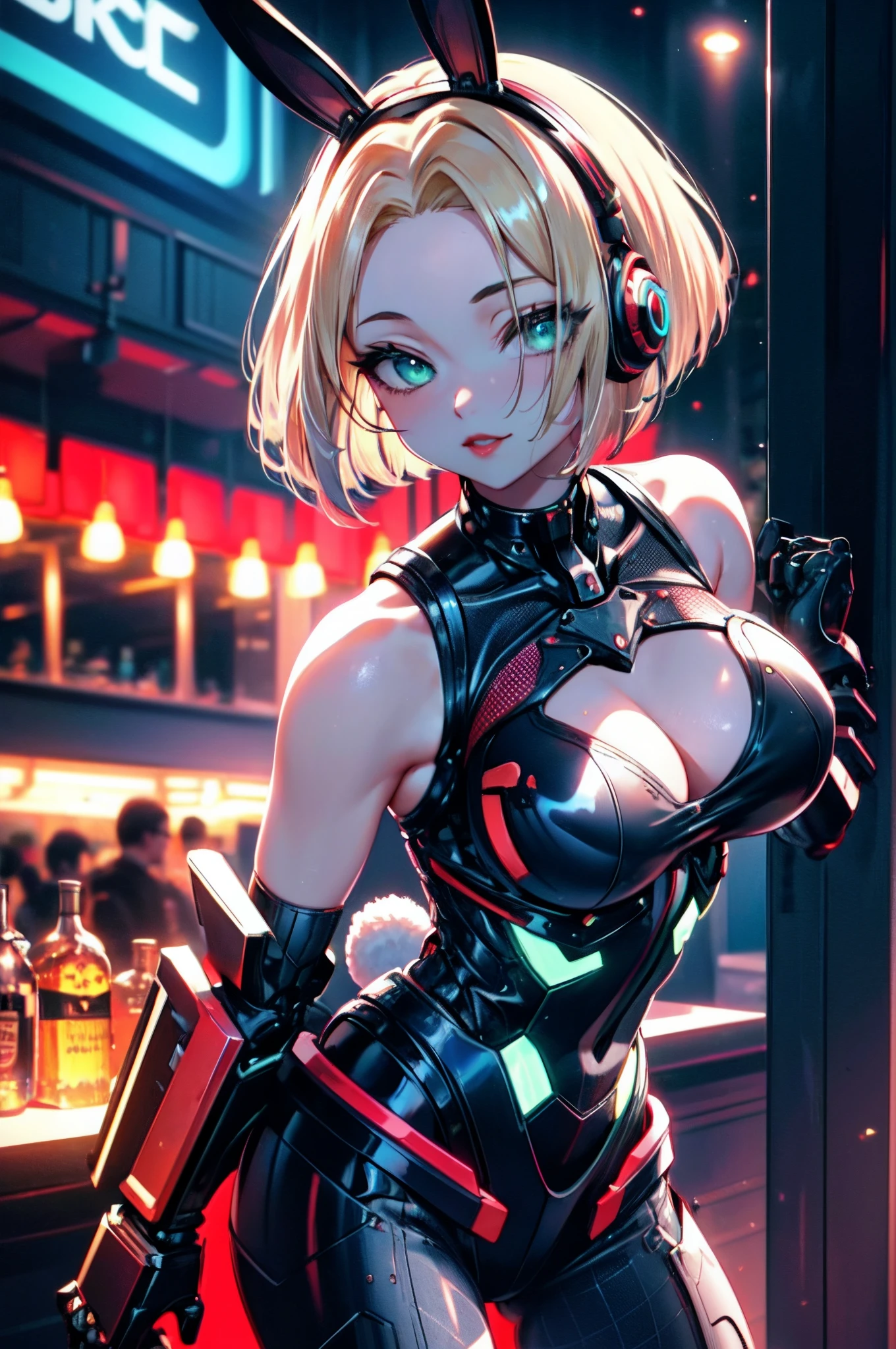 beautiful mechanical woman, solo, (half closed eyes, green eyes), (masterpiece eyes:1.3), BREAK, seductive smile, (mechanical skin:1.1), (exoskeleton leotard:1.3), (bare arms and shoulders:1.3), (cleavage, exposed groin), BREAK, (long eyelashes, red lips), bowtie, rabbit ear headphones, rabbit tail, wrist_cuffs, (blonde hair, bob cut), (forehead:1.3), BREAK, Flat_Chest, Huge_breasts, wide_lower back, (5fingers, 4fingers and 1thumb), BREAK, cyberpunk, (bar), bar counter and round chairs, wine, whiskey, bourbon, neon signboard, Masterpiece, best quality, captures a super cute moment, depth of field, ultra detailed, ultra high resolution, C4D, Octadale, 3D modeling, 8k, 16k,