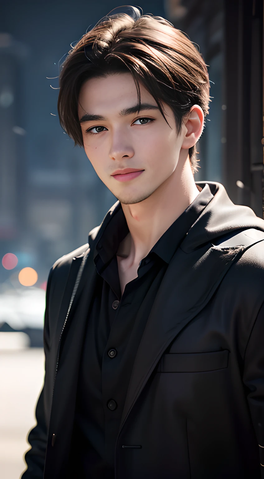 ((Men only)), (head shot), (), (Handsome muscle man in his 20s), (smile), ((black tunic)), black robe, (Johnny Edlind), (white snow in the background), (detaile: 1 in 1), Natural muscles, HIG quality, beautidful eyes, (Detailed face and eyes), (Face、: 1 / 2), Noise, Real Photographics、... ..................................................................................................................PSD, Sharp Focus, High resolution 8K, realisitic & Professional Photography, 8K UHD, Soft lighting, High quality, Film grain, FujifilmXT3