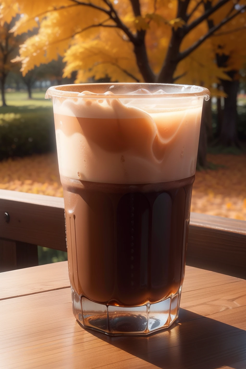 Chestnut drink、Frozen、Espresso Beverage、Sizzle feeling、The background is nature、Autumn atmosphere、(超A high resolution:1.2)、(Photorealsitic:1.4)、(8K、Raw photography:1.2)