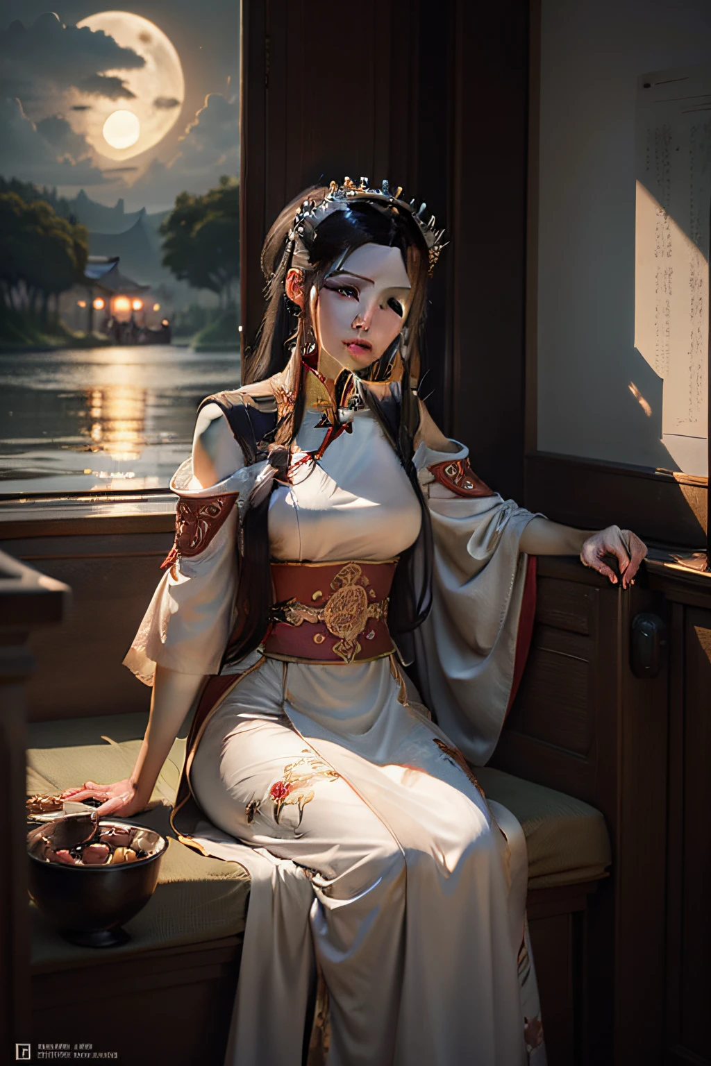 There was a woman sitting on the boat,The background is the full moon, a character portrait by Yang J, Trend of CGsociety, Fantasy art, Palace , A girl in Hanfu, Guviz-style artwork, Guviz, Beautiful character painting, trending on cgstation, Hanfu, a beautiful fantasy empress, with acient chinese clothes