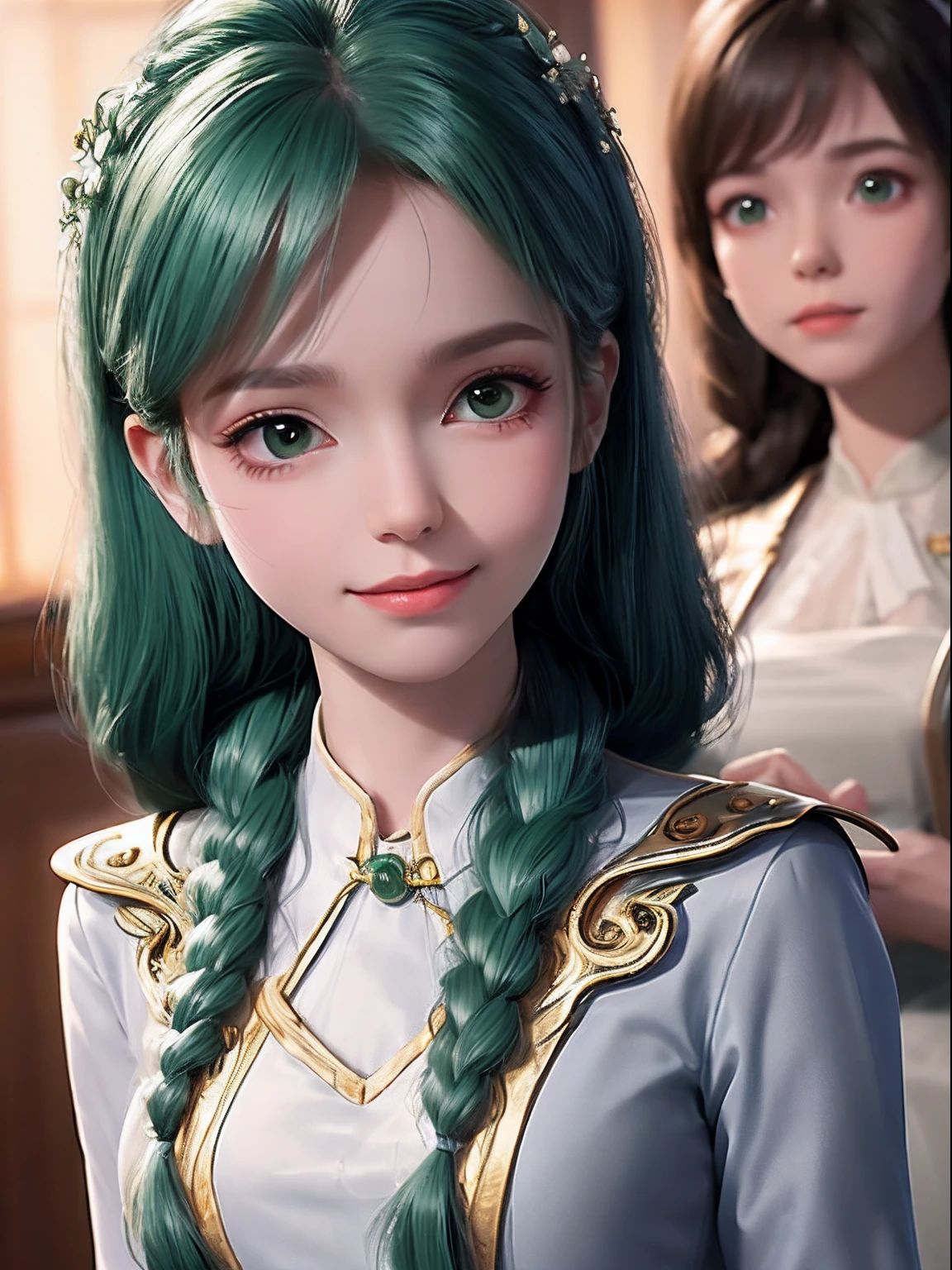 8k, Perfect human body, Real person, Photorealistic, RAW photo, Real human face, Real human face skin, 17yearsold, tall girl, small breasts, slim body, (looking at the camera with pure love eyes), cute look, showing the whole body, up do hair- green, no makeup, beautiful white skin, real human green cute eyes, cute face, movie lighting, no makeup, beautiful white skin, working at the flower shop, making a bouquet, wearing a staff uniform with a navy blue apron and a white button-up shirt, and serving with a shy smile,