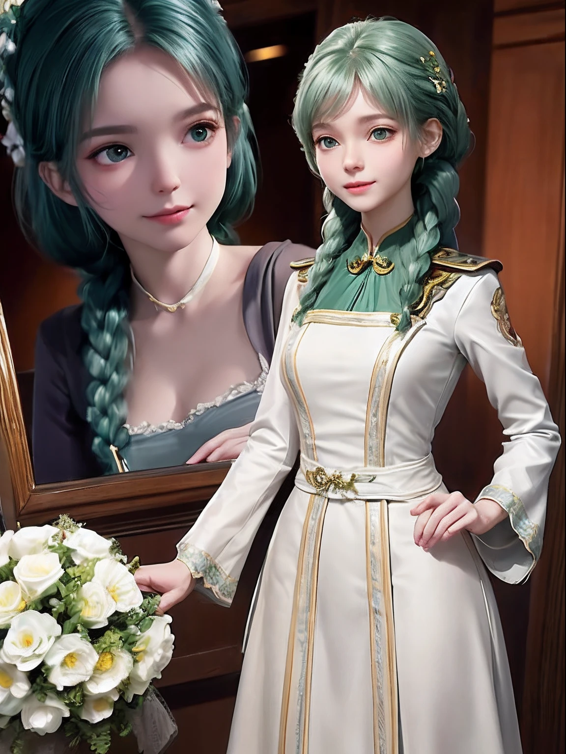 8k, Perfect human body, Real person, Photorealistic, RAW photo, Real human face, Real human face skin, 17yearsold, tall girl, small breasts, slim body, (looking at the camera with pure love eyes), cute look, showing the whole body, up do hair- green, no makeup, beautiful white skin, real human green cute eyes, cute face, movie lighting, no makeup, beautiful white skin, working at the flower shop, making a bouquet, wearing a staff uniform with a navy blue apron and a white button-up shirt, and serving with a shy smile,
