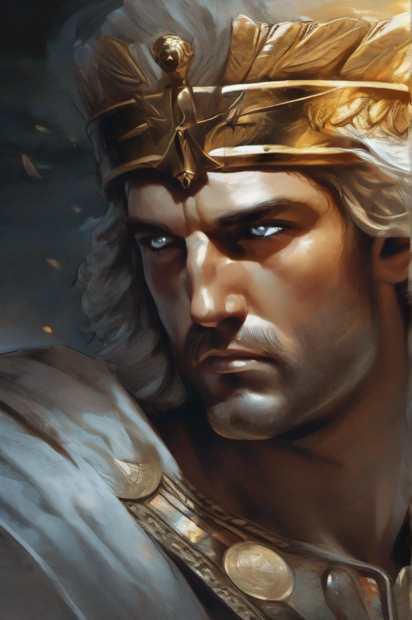 /imagine prompt: aleksi briclot, fine art photography, abration tone, ambient lighting, It depicts the confident yet enigmatic expression of Alexander the Great as he utters the famous response, "To the Strongest," hinting at the power struggles that would follow. --ar 16:9