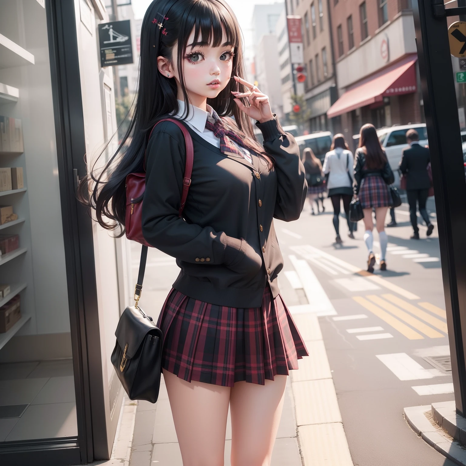 (Raw photo: 1.4), (Photorealistic: 1.3), (Masterpiece), Best Quality, Best Quality, Highly Detailed CG Unity 8k wallpaper, Original, High Resolution, Original, Detailed and Complex, Original, High Resolution, \\ 1 Girl, Solo, (), Super detailed_eyes, Nail, Middle Breast, (Eyeliner: 0.5), (Blush: 0.5), Black Hair, Long Hair, Hair Clip, Watch Viewer, Black Big Eyes, Japan people, NSFW, \\ high school, student, uniform, sailor color, bobby socks, school bag, skirt, plaid, plaid skirt \\ street, subway station, store status, Akihabara, Shibuya, Shinjuku, Tokyo, \\ Beautiful detailed background, depth of field, loli: 0.1, Real: 1.3, (Ambient light: 1), (Neon light: 0.1), (HDR: 1), (Studio lighting: 1.5), ( panty shot: 1.2), from the bottom, full body, --auto --s2