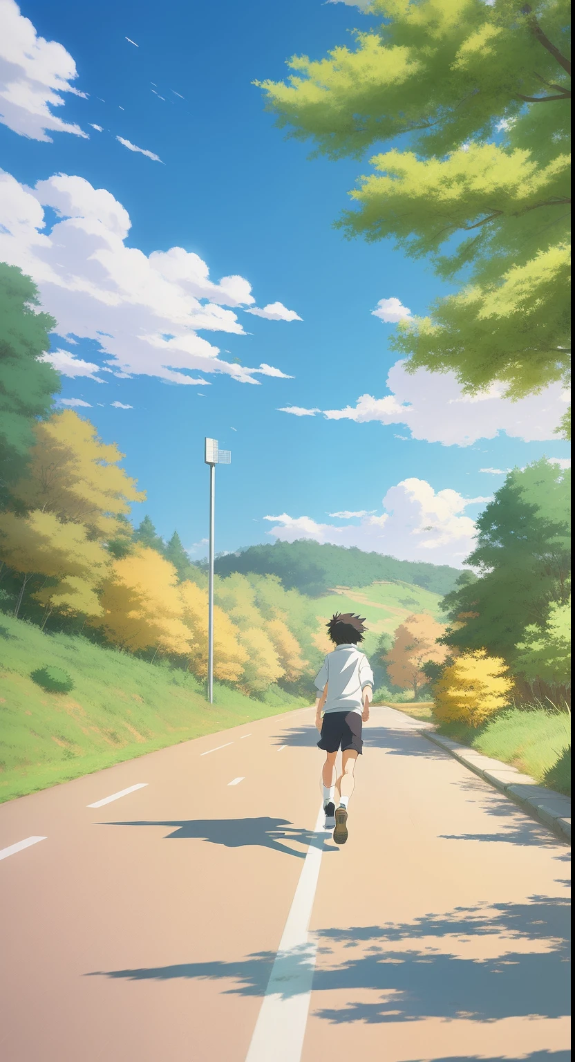 Draw a boy running on the road, He holds a football in one hand,He wears trousers and a sweatshirt,Run towards the basketball court in the distance,The road is lined with dense woods,Early autumn scenery,Golden woods and meadows in the distance,Sunnyday,anime countryside landscape, Anime background art, makoto shinkai art style, Makoto Shinkai's wind, Anime art style, anime scene,4K