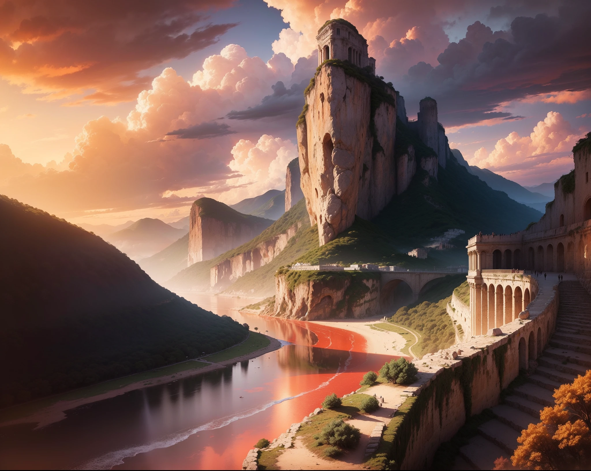 ((obra-prima)),((melhor qualidade)),((detalhe alto)),((realista,)) Deep gorges in the midst of apocalyptic antiquity, Red sky with clouds, Rio no meio, cavalheiro com cavalo