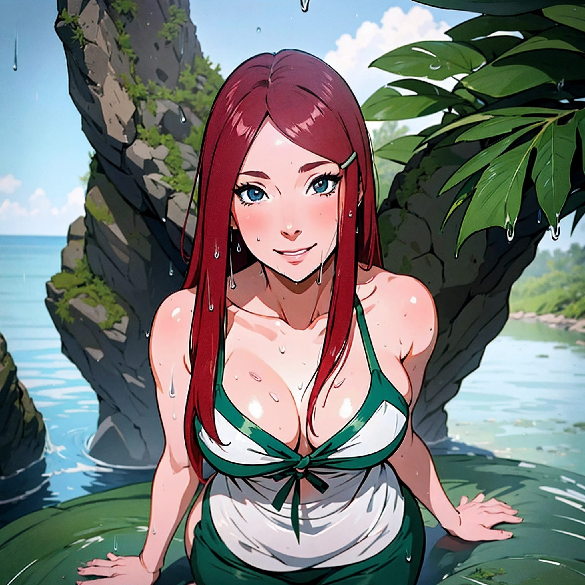 uzumaki_kushina, Kushina_Green_Dress, Red hair, large breasts, hands on breasts, pawg, high quality, beautiful pose, hr, dribble, coachella, florida, stream, f4
perfect face, symmetrical eyes, perfect body, highly detailed skin, looking forward, pyramid, wide hips, oasis, looking at viewer, point of view, smile, happy, professional photography, 8k, RAW photo, best quality, masterpiece, photo-realistic, highly detailed, cinematic lighting, sharp focus, DSLR, high resolution, photorealistic, wet skin, water dripping, glistening skin, Size: 512x768, Model hash: 623f0546d5, Model: SenzusMix, Version: v1.5.1```