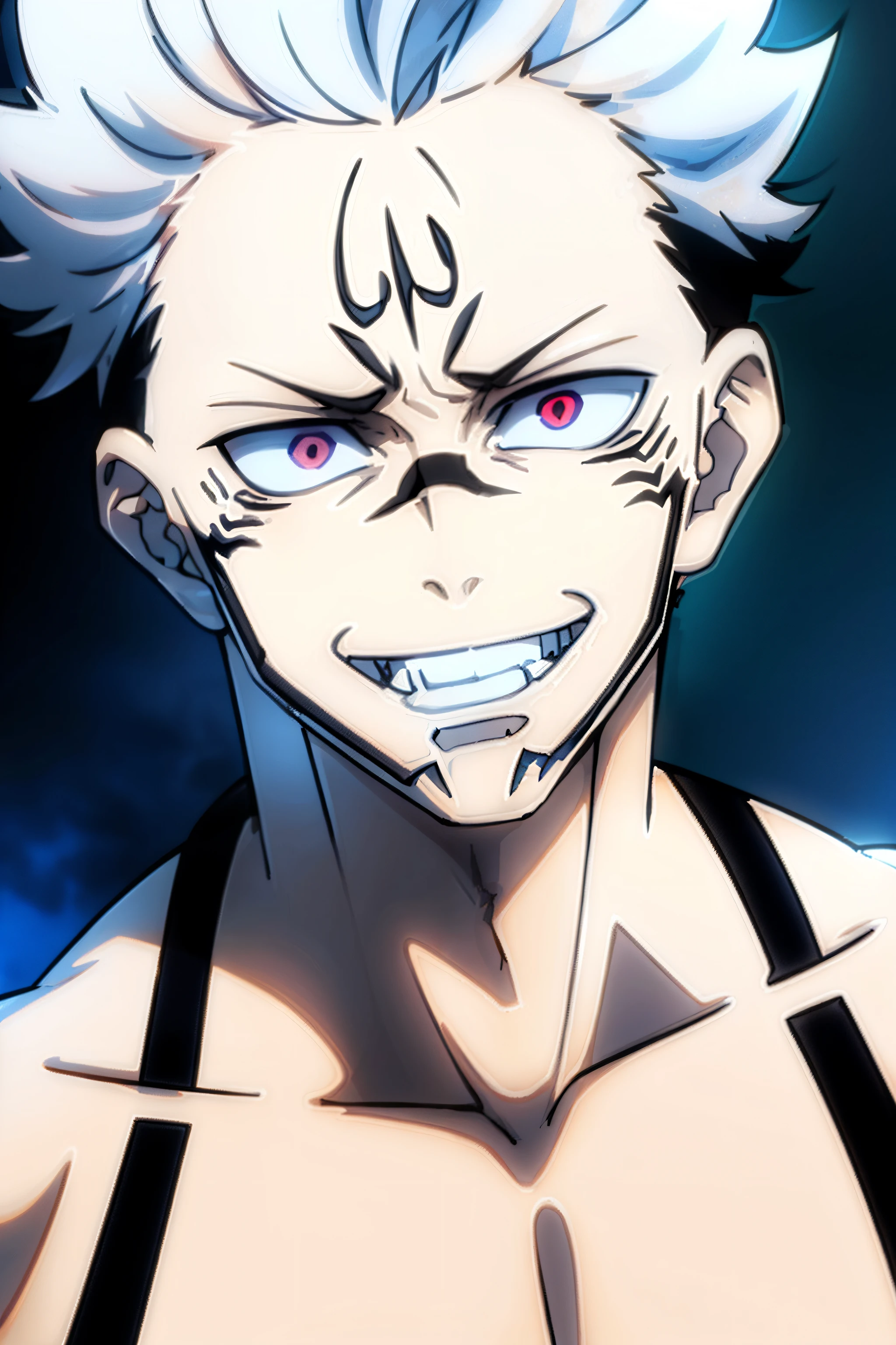 white hair male, male, (1boy), eyes blue, short hair, dingy, angry, psycho smile