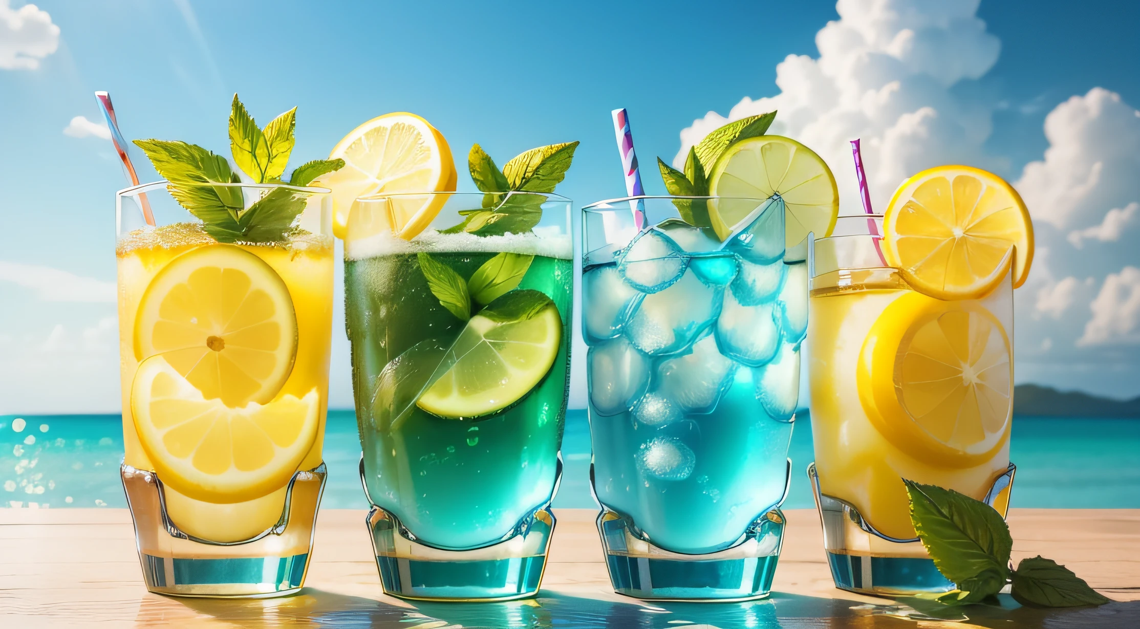 (No one) A soft drink containing lemon, mint leaves, and bubbles. The yellow fades to blue. It's cool. There are colored straws, ice cubes, placed on a green leaf, outdoors, a clear blue sky, beautiful clouds