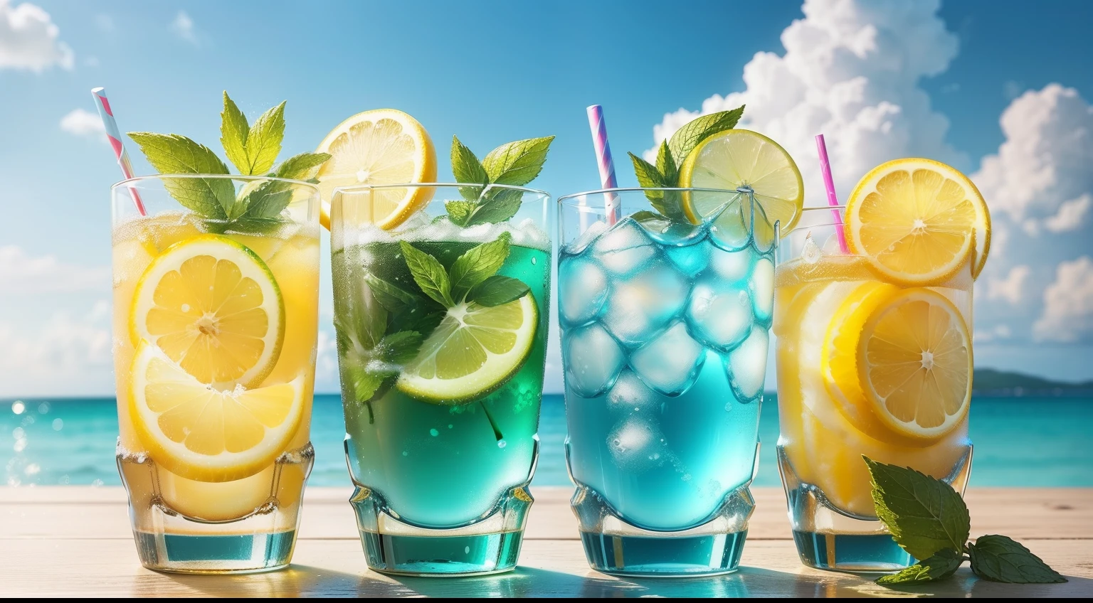 (No one) A soft drink containing lemon, mint leaves, and bubbles. The yellow fades to blue. It's cool. There are colored straws, ice cubes, placed on a green leaf, outdoors, a clear blue sky, beautiful clouds