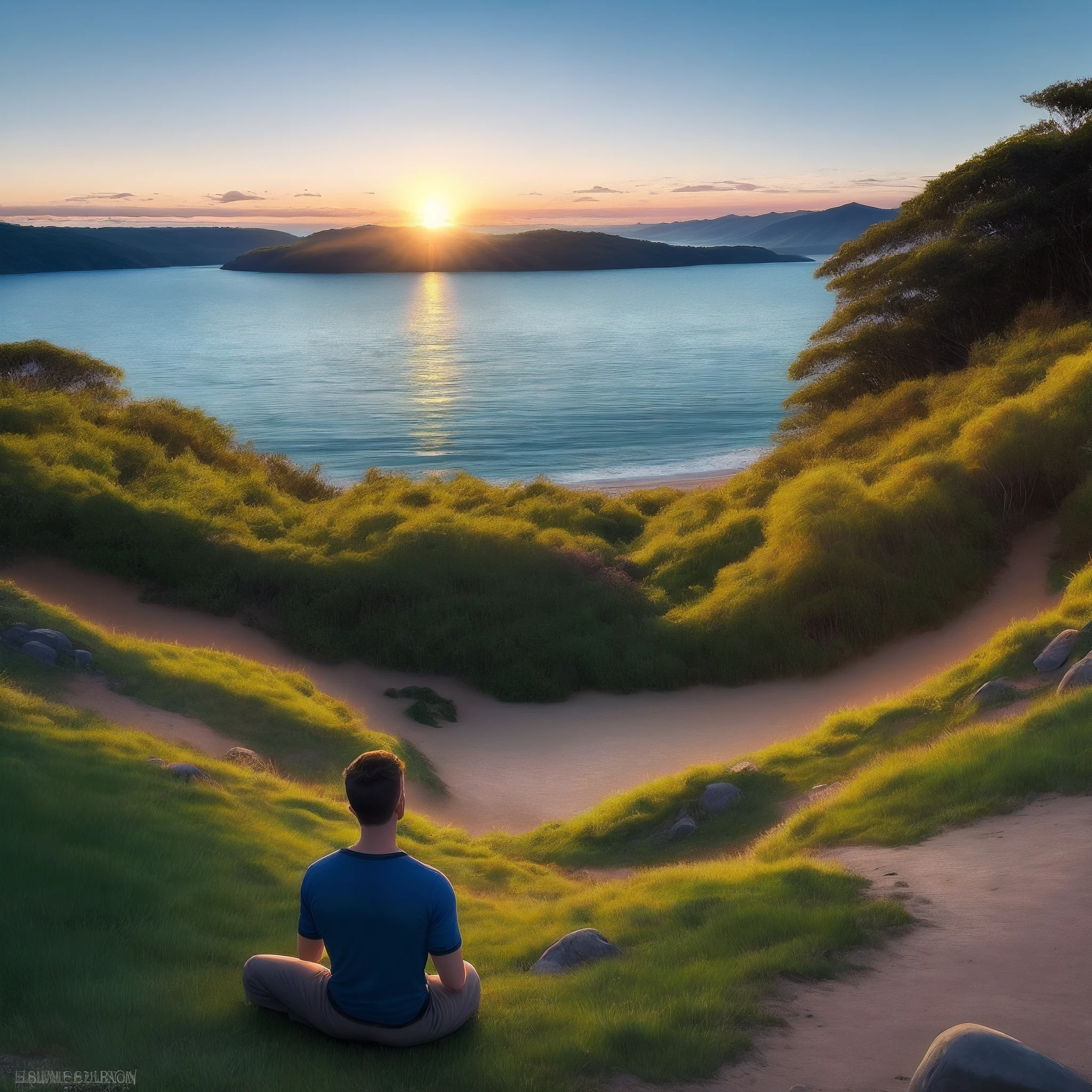 Campo natural de Gramado verdes e suave , com homen meditando sentado de frente para o mar ,com o seu no por do sol e a alra transcendendo