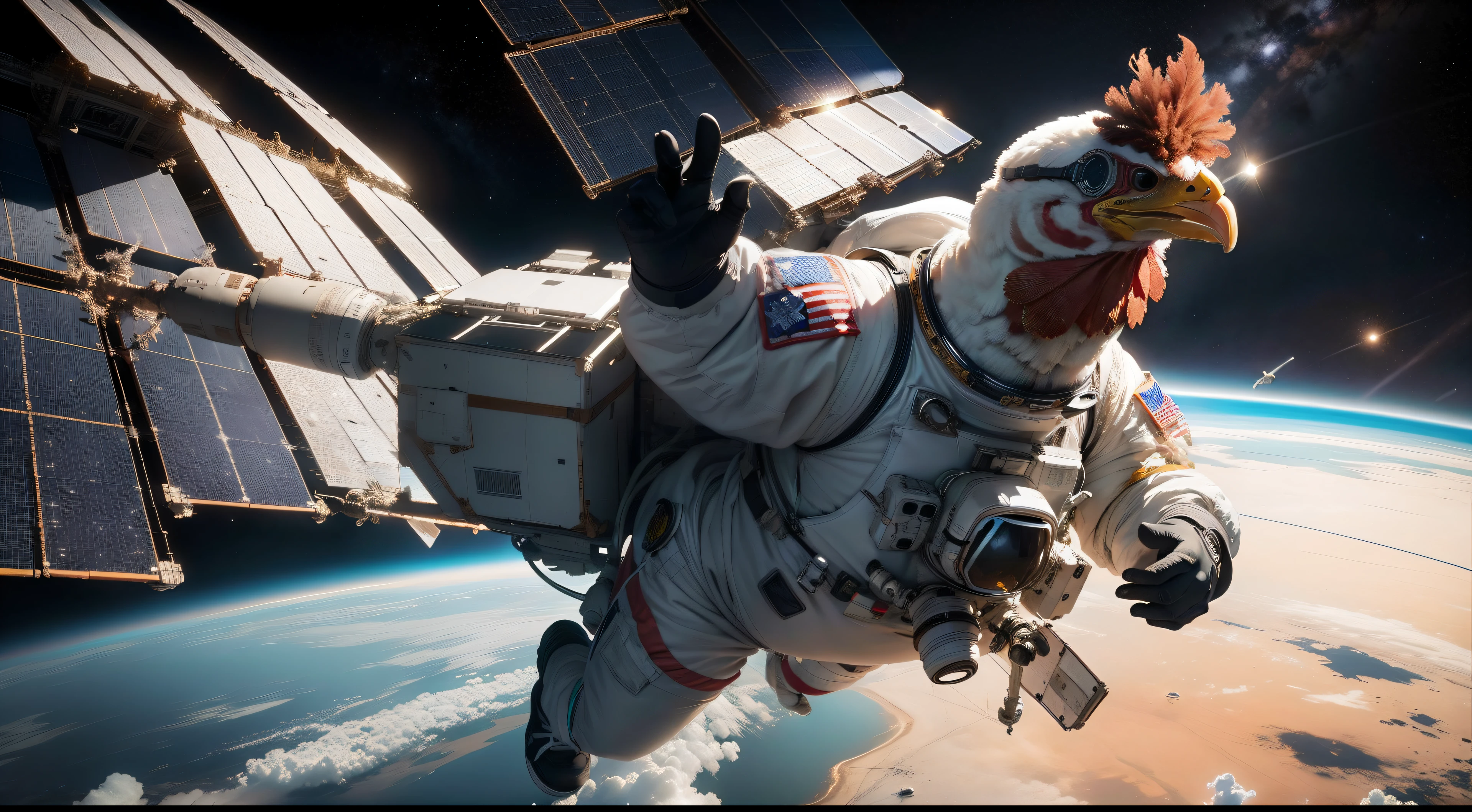 Chicken astronaut flying next to the international space station