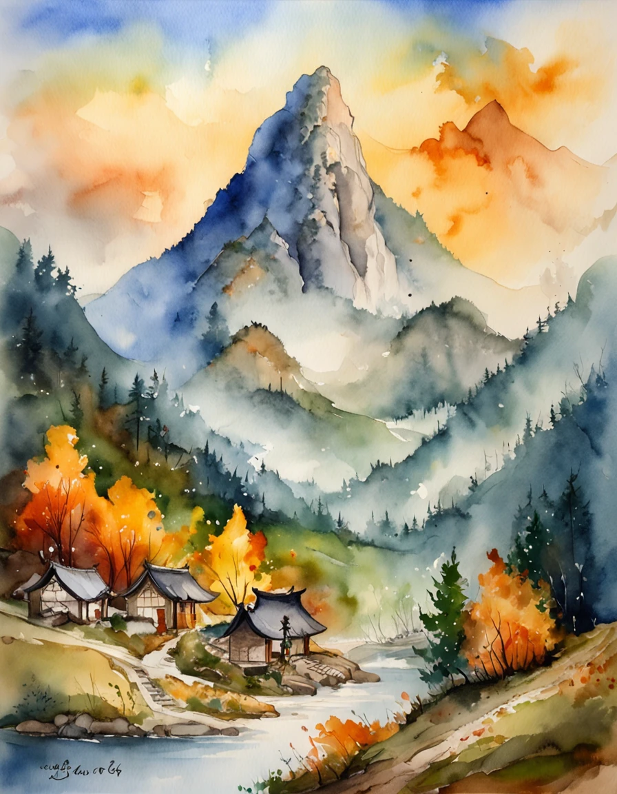 Bizarre steep peaks，autumnal，There is a creek at the bottom of the mountain，There are reflections in the stream,Village cottage,And cooking smoke rises，The pine tree has a peculiar shape，Sway with the wind,Color palette style，iso-distance view,Colored lead painting,Surreal Photo,dream magical,pixel-perfect,hyper HD,in a panoramic view,8K分辨率,ultra-wide-angle,Faraway view,chinese paintings,Realistis,Post-Impressionism