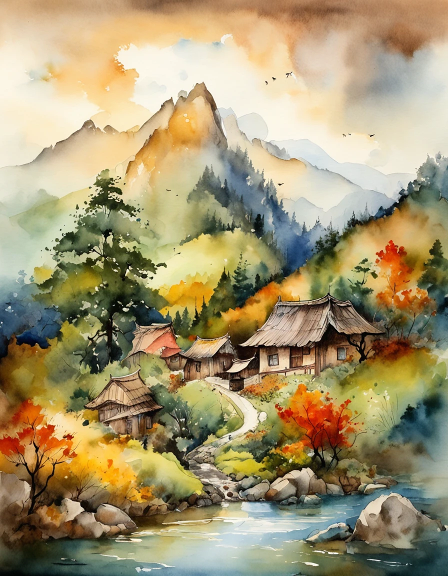 Bizarre steep peaks,autumnal,There is a creek at the bottom of the mountain,There are reflections in the stream,Village cottage,And cooking smoke rises,The pine tree has a peculiar shape,Sway with the wind,Color palette style,iso-distance view,Colored lead painting,Surreal Photo,dream magical,pixel-perfect,hyper HD,in a panoramic view,8K分辨率,ultra-wide-angle,Faraway view,chinese paintings,Realistis,Post-Impressionism