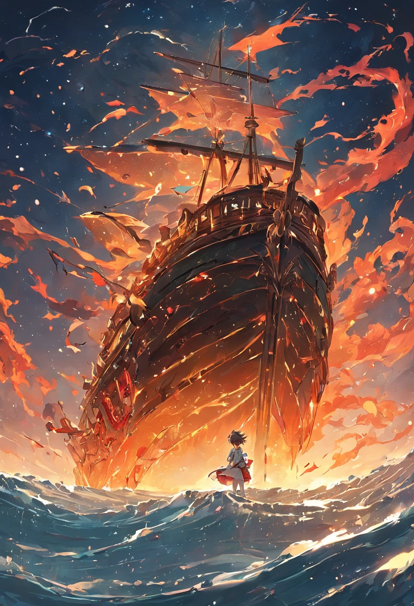 extremely detailed 8k wallpaper,(highly detailed:1.1), ((masterpiece:1.1)),[anime:Impasto:0.5], intricate , fantasy,(1ship),(ocean:1.2),[golden boat:golden boat with (green fire:1.2):0.1], clear sky ,wind ,beautiful sky,(nightsky),(galaxy), (huge blood moon in the background:1.05)