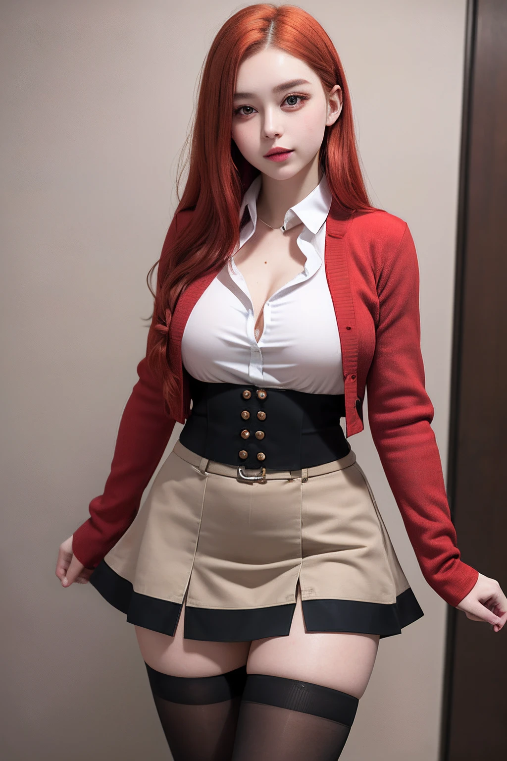 a beautiful 17yo Skotlandia woman, unbuttoned shirt, high waist mini skirt, redhead, thighhighs