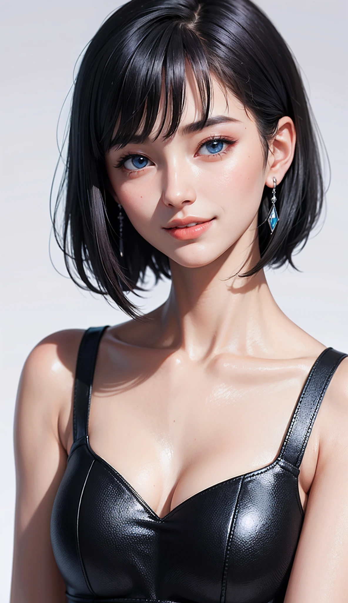 (high-level image quality、high-detail、hightquality、hight resolution、Draw everything in high resolution)、Intense crystal light blue eyes、Small diamond-shaped earrings、Look firmly at the camera、Put your ears out、Beautiful short black hair、Beautiful very short beautiful hair with bangs、beautiful decollete、Beautiful 28 years old、lipgloss、long neck、Happy smile、Beautiful teeth alignment、Beautie、Pretty Woman、Very white business shirt with open collar