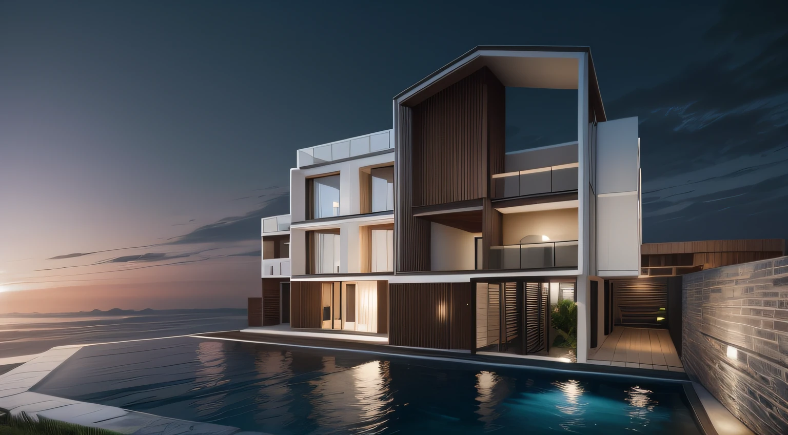 The house is simple white with two floors,Surrounded by greenery, Flowing water, Winding paths