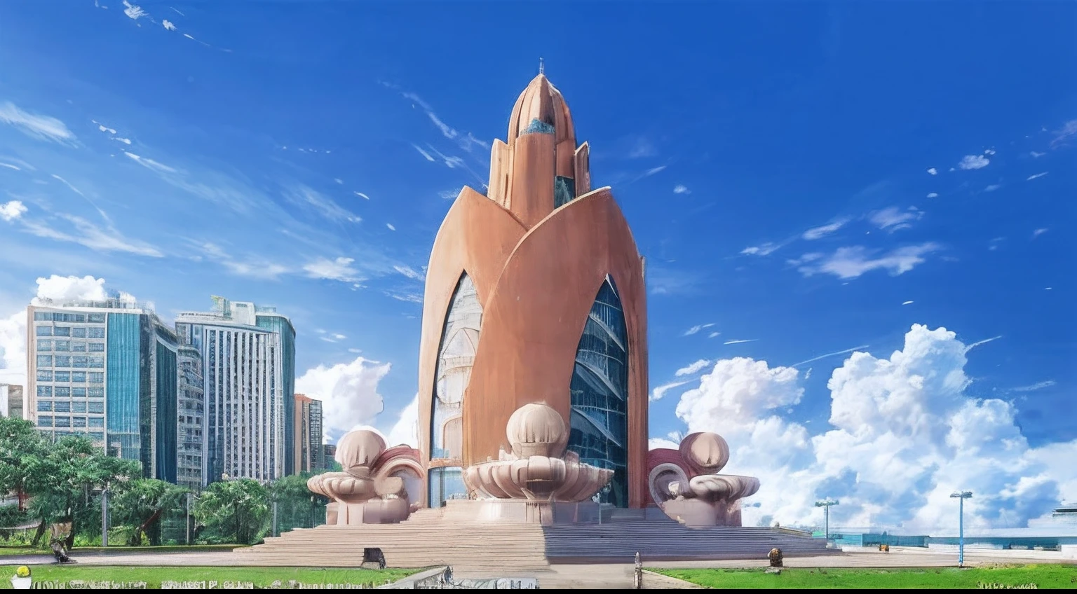 anime - style image of a large building with a giant statue in front of it, inspired by Hiromu Arakawa, photo from 2022, futuristic phnom-penh cambodia, inspired by Zha Shibiao, cybertronic hindu temple, temple background, colourful biomorphic temple, do hoang tuong artwork, futuristic palace