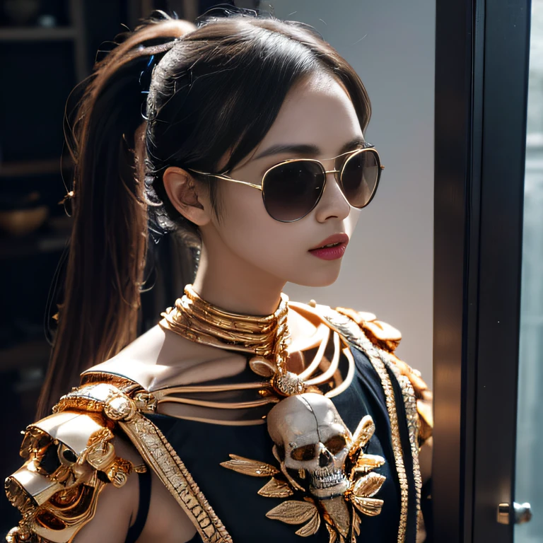 Wear thick gold-framed sunglasses，32K（tmasterpiece，k hd，hyper HD，32K）Burgundy double ponytail，Silver Skull Abandoned Area of the Pond，Indigo Skull King ，Hold the big G steering wheel （The skeleton is realistic：1.4），Skull pattern robe，Silver skull flower ornaments，Petals flutter，Colored ball head，Hold your head high，Be proud，The nostrils look at people， A high resolution， the detail， RAW photogr， Sharp Re， Nikon D850 Film Stock Photo by Jefferies Lee 4 Kodak Portra 400 Camera F1.6 shots, Rich colors, ultra-realistic vivid textures, Dramatic lighting, Unreal Engine Art Station Trend, cinestir 800，Hold your head high，Be proud，The nostrils look at people，Tsundere，Petals flutter，Petals flutter，Sprinkle with gold dust，Fluttering，Impeccable，( reasonable design, Clear lines, High sharpness,Best quality, Very detailed skeleton, The skeleton of a masterpiece, offcial art, movie light effect, 4K skeleton（（（Wear thick gold-framed sunglasses）））