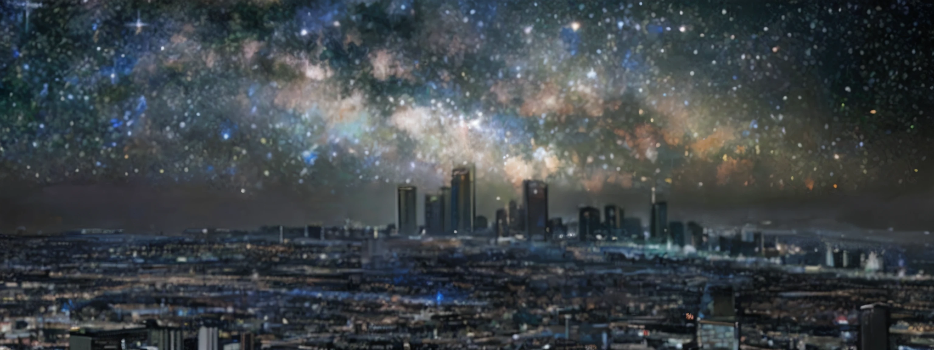 superfine illustration, Best Quality, A shimmering canopy of stars fills the night sky, a fantastical expanse that gleams with ethereal brilliance. Beneath lies a cityscape, its buildings enshrouded in darkness, devoid of any lights. The buildings stand in complete obscurity, casting an enigmatic contrast against the luminous heavens above