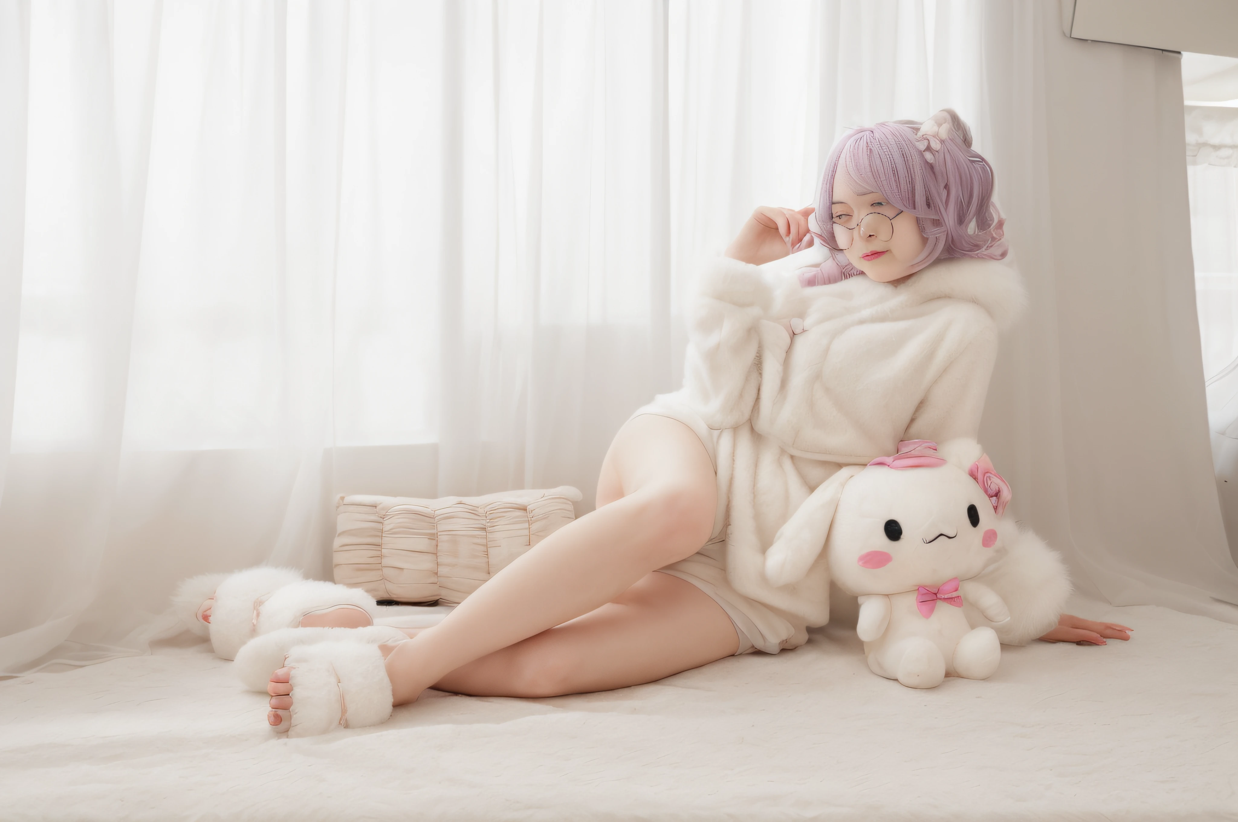 there is a woman standing on the floor with a stuffed animal, ayaka cosplay, cosplay photo, taken with canon 8 0 d, taken with canon eos 5 d mark iv, plushie photography, with white fluffy fur, anime girl cosplay, taken with canon eos 5 d, Flower fairy, Transparent colorful wings, Magic wand，China-style，8K，Light mature style，The eyes are melancholy，Anatomical details