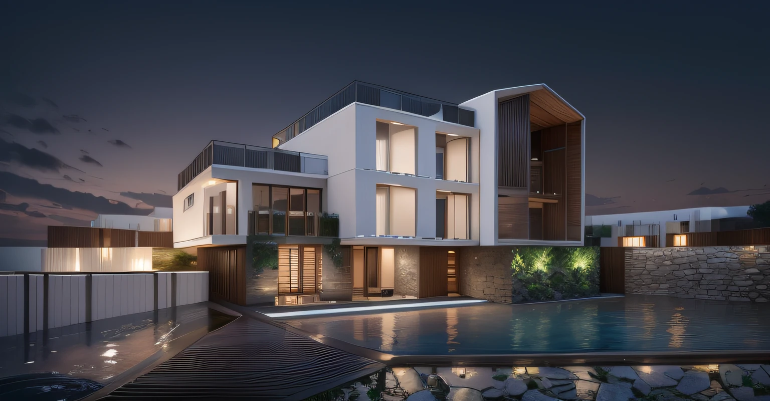 The house is simple white with two floors，Surrounded by greenery, Flowing water, Winding paths