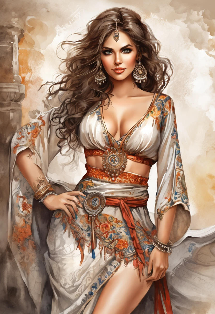real picture of most beautiful attractive gypsy model wearing silk lace outfit robe, flaunting her perfect huge cleavage and showing her shapely legs, stunning, energy, molecular, textures, breathtaking beauty, pure perfection, unforgettable, impressive, breathtaking beauty, ., ultra hd, realistic, vivid colors, highly detailed, UHD drawing, pen and ink, perfect composition, beautiful detailed intricate insanely detailed octane render trending on artstation, 8k artistic photography, photorealistic concept art, soft natural volumetric cinematic perfect light
