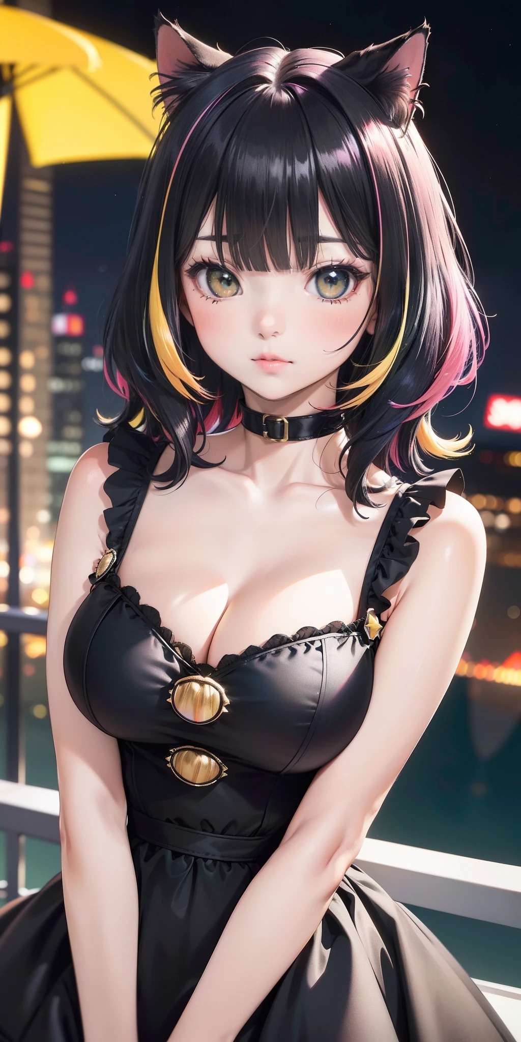 big breasts ((cat girl)) ((((multicolored bangs hair)))) without ears, posing for photo, extremely sexy body, (wearing black puffy dress: 1.5)finely detailed skin, (cinematic lighting), collarbone, night, ((high resolution, masterpiece, best quality)), soft lighting, dynamic angle, ((5 star hotel))