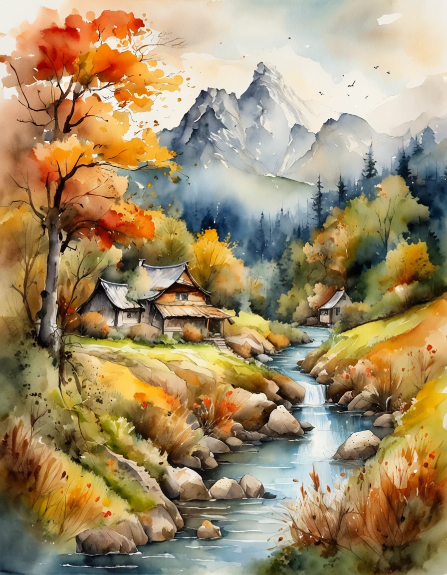 Bizarre steep peaks，autumnal，There is a creek at the bottom of the mountain，There are reflections in the stream,Village cottage,And cooking smoke rises，The pine tree has a peculiar shape，Sway with the wind,Color palette style，iso-distance view,Surreal Photo,dream magical,pixel-perfect,hyper HD,in a panoramic view,8K分辨率,ultra-wide-angle,Faraway view,Performance Art