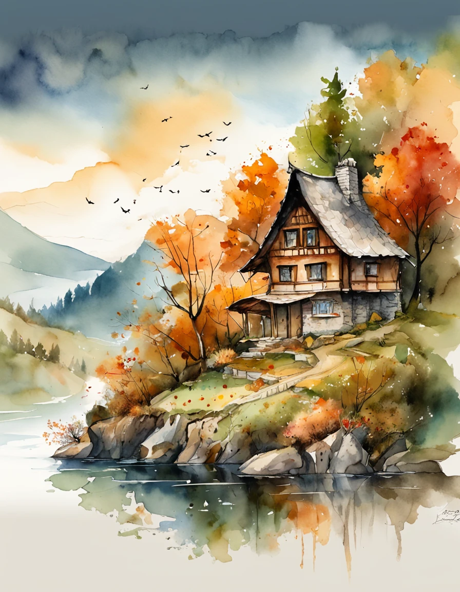 Bizarre steep peaks,autumnal,There is a creek at the bottom of the mountain,There are reflections in the stream,Village cottage,And cooking smoke rises,The pine tree has a peculiar shape,Sway with the wind,Color palette style,iso-distance view,Surreal Photo,dream magical,pixel-perfect,hyper HD,in a panoramic view,8K分辨率,ultra-wide-angle,Faraway view,Performance Art
