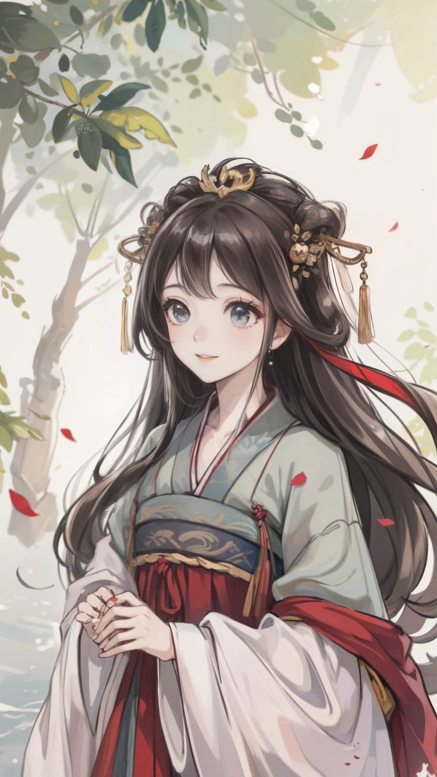 "the Extremely Detailed CG Unity 8K Wallpapers,tmasterpiece,Best picture quality,【😊Colored Forest,depth of fields,A large number of splashed droplets:1.2,petals,Toys surround,ventania,Foliage,grassy fields,volumettic light】brunette color hair,chineseidol,Be red in the face,Hanfu,ssmile,Half of your body is in water,Chinese style Hanfu,Air bangs,