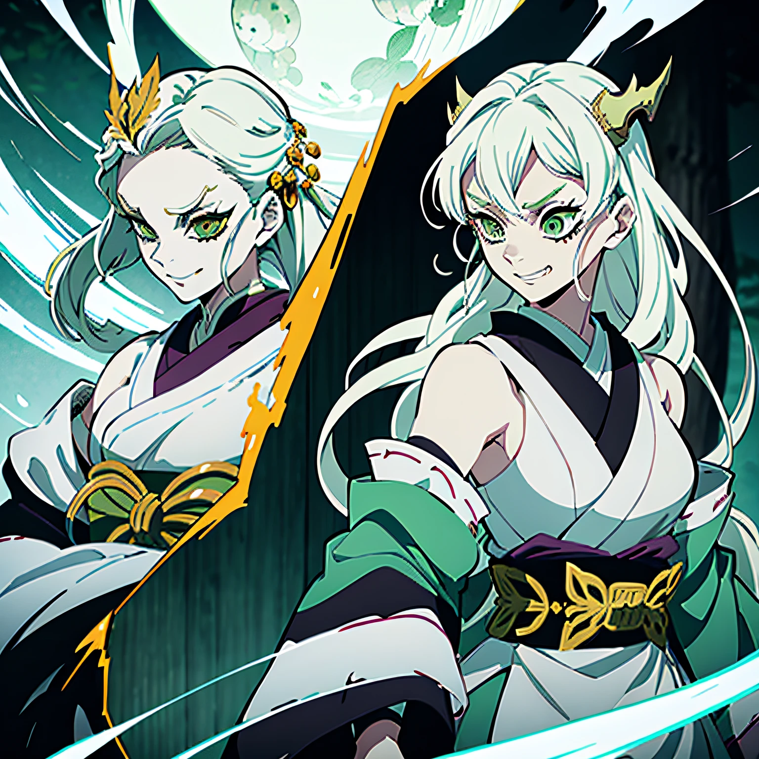 Kimetsu no Yaiba style, 1 girl, beautiful, white hair and green hair with a hint of green at the ends, hair down, evil smile, demo, has a leaf tornado surrounding her, in a fighting stance, has fangs, horns, wears a torn kimono, geisha, claws, high mystery demon