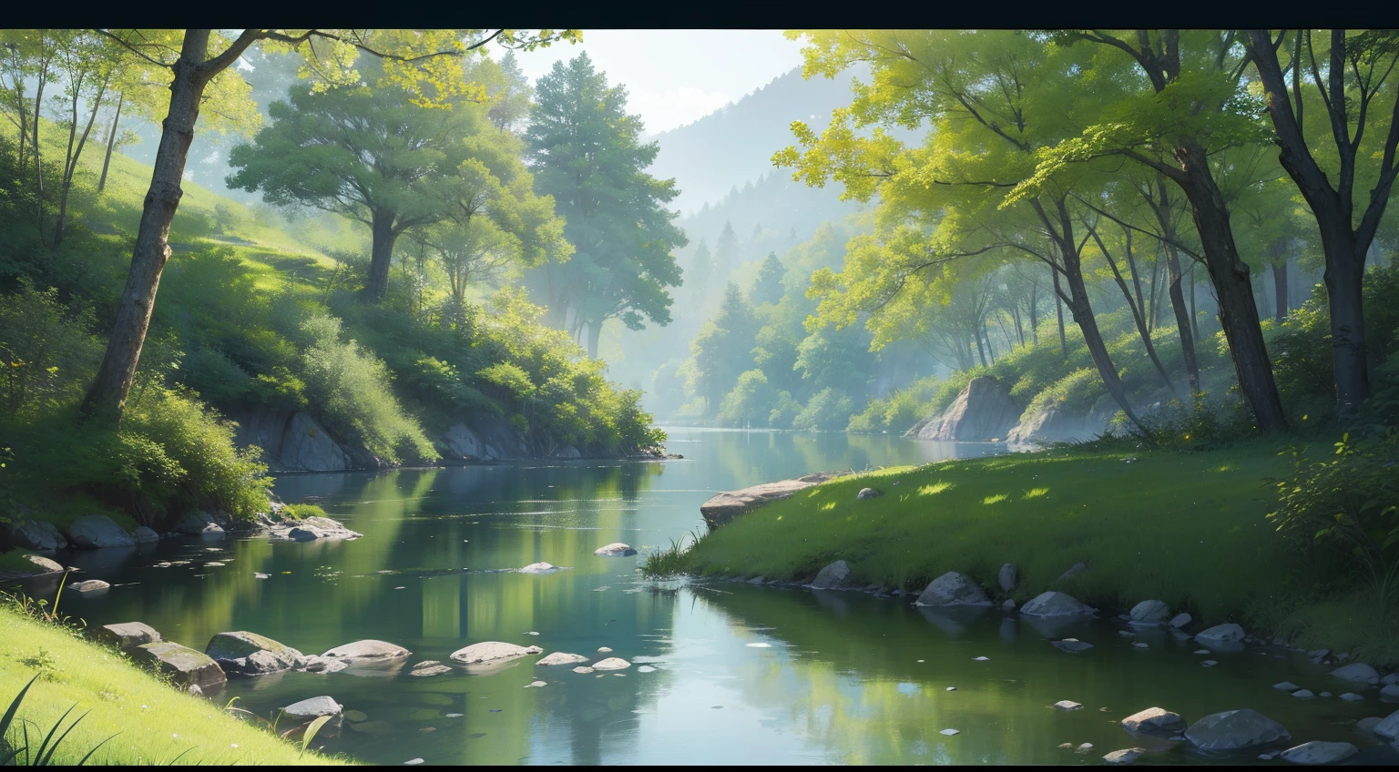 verdant green, the woods, lake, small stream, large tree branches、perspective、Perspective、Majestic panorama、HD Detail、Hyper-detailing、movie、Deep field focus bokeh、Ray traching、