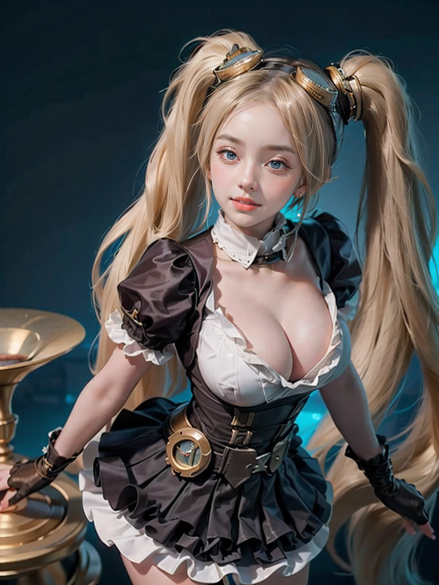 Masterpiece, super detailed, extremely detail, ulzzang,1girl, side Bangs,portrait,,happy face, (aegyo-sal:1.2),(large breast:1.2),unreal engine 5,((long hair, twin side ponytail:1.2))blond hair, ((maid,mlbb clothes)), (short Sleeve, Peter pan collar,midi skirt),smile,blue eyes,sharp eyebrow,eye shadow,