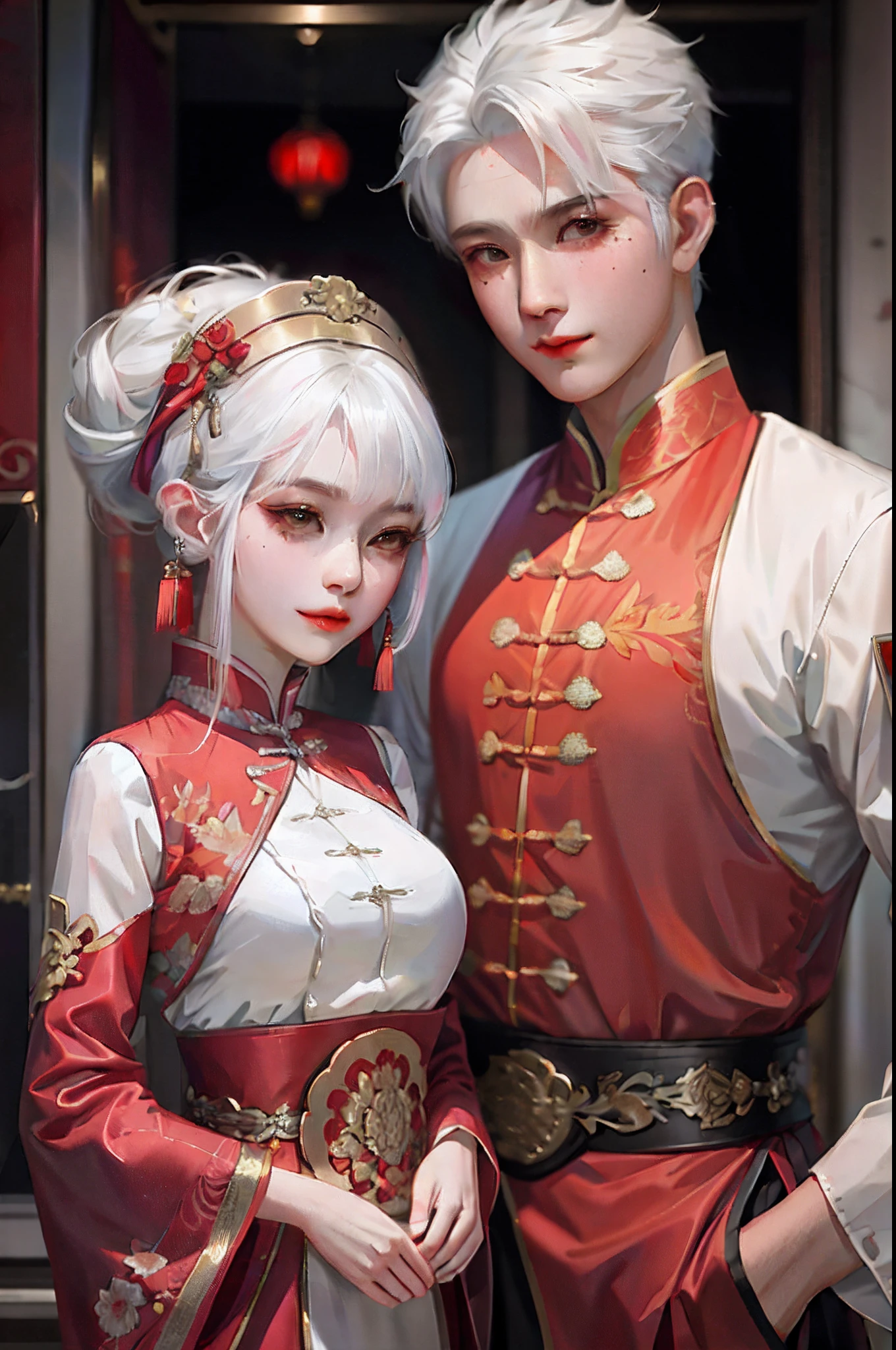 They wear traditional Chinese clothing,posed for photo, Ruan Jia and Artgerm, Guviz-style artwork, WLOP and Sakimichan, ross tran and bayard wu, wlop and ross thran, Artgerm and Ruan Jia, loish and ross tran, trending on cgstation, Guviz,Brunette woman vs. white-haired man