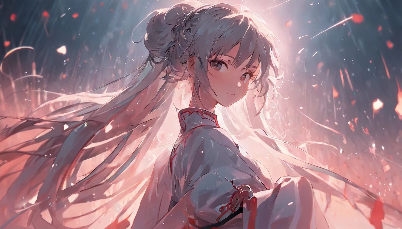 Best quality,tmasterpiece,A high resolution,CG, 1girll,Chinese actress Xiao Wan,arma,The sword,long whitr hair,shift dresses,Eau,(Temptation 1.5),独奏,jewely,white dresses,耳Nipple Ring,hair adornments,spatter,The upper part of the body,hair-bun,brunette color hair, illuminating,Frankness,photore,A high resolution,8K,Bokeh,(Depth of field 0.5),high detal